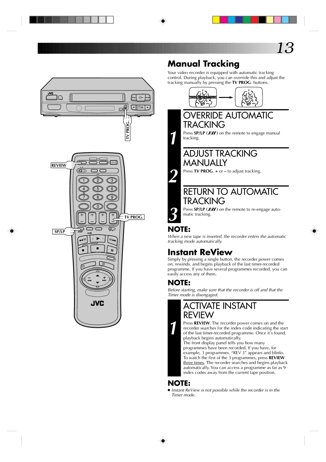 JVC HR-A630EK Override Automatic Tracking, Adjust Tracking, Manually, Return to Automatic, Activate Instant Review 