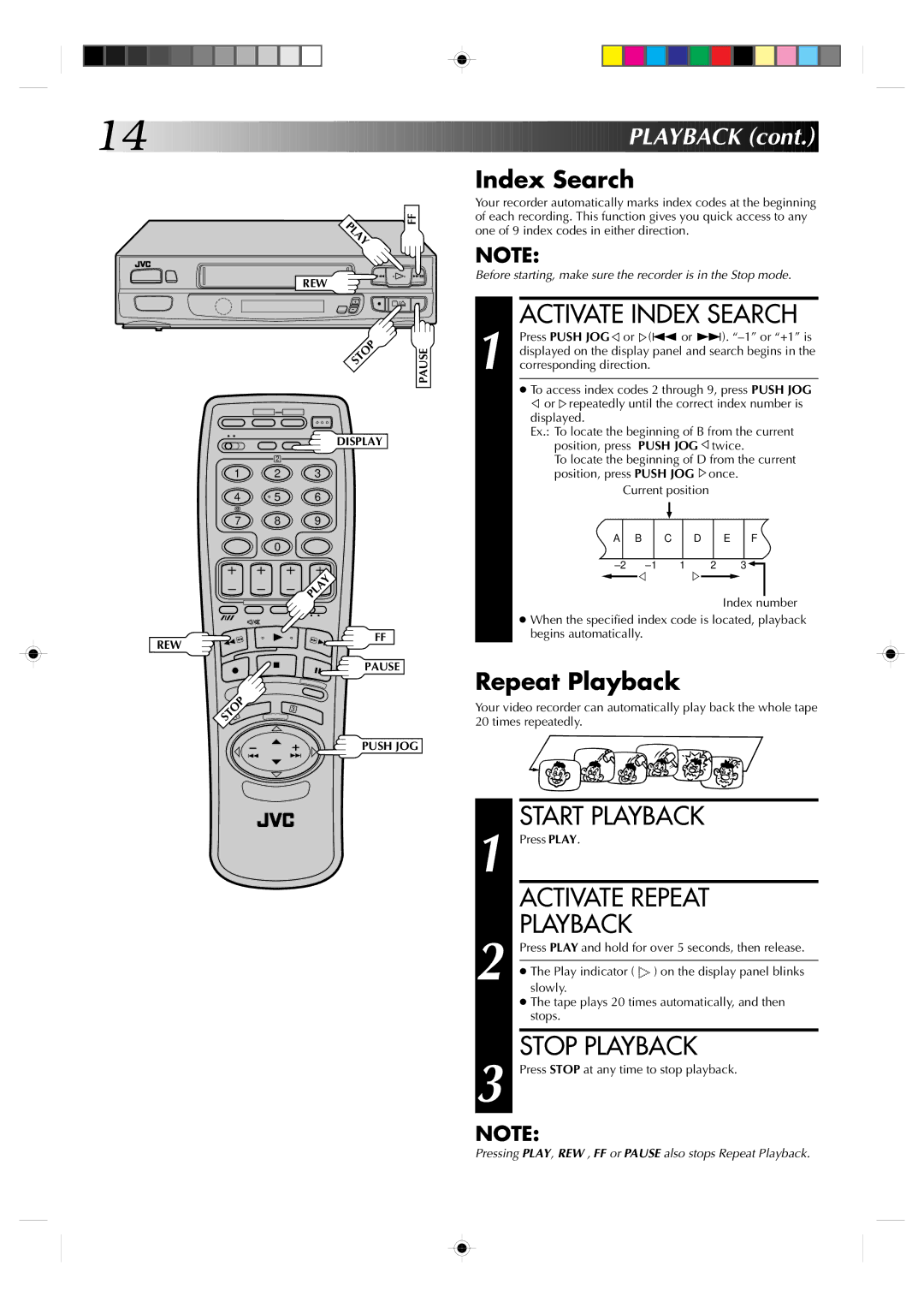 JVC HR-A631EK, HR-A630EK specifications Activate Index Search, Activate Repeat, Repeat Playback 