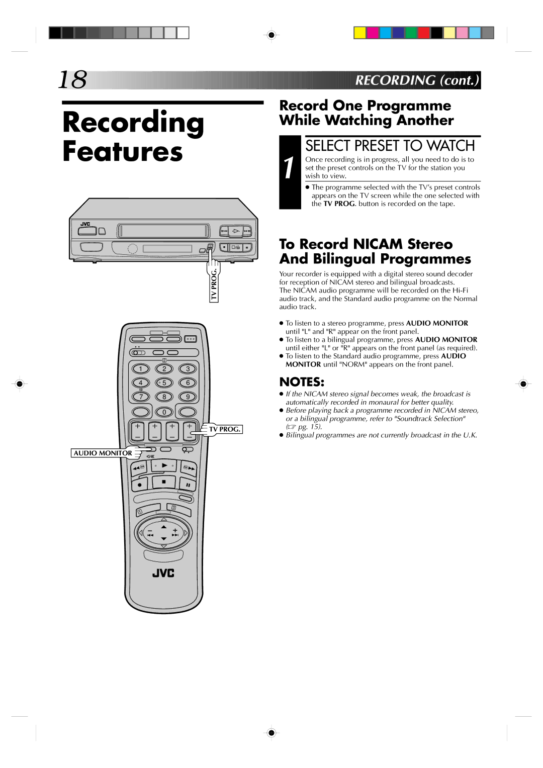 JVC HR-A631EK, HR-A630EK Recording Features, Select Preset to Watch, Record One Programme While Watching Another 