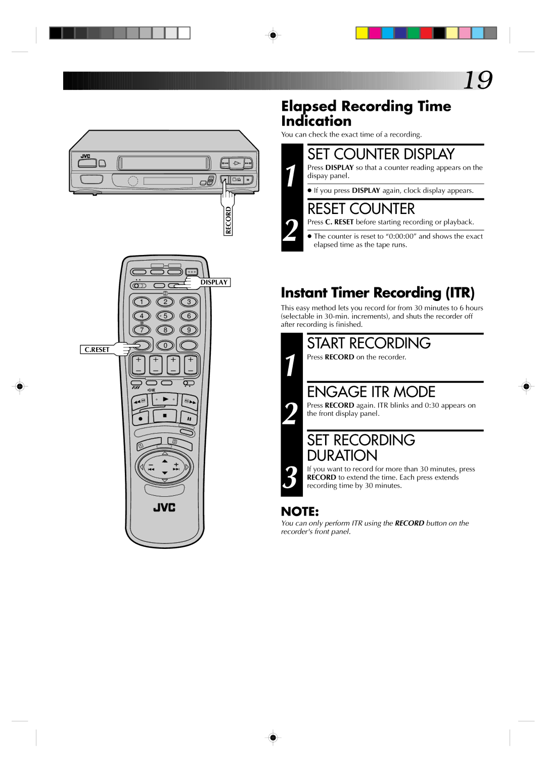 JVC HR-A630EK, HR-A631EK specifications SET Counter Display, Reset Counter, Engage ITR Mode, SET Recording Duration 