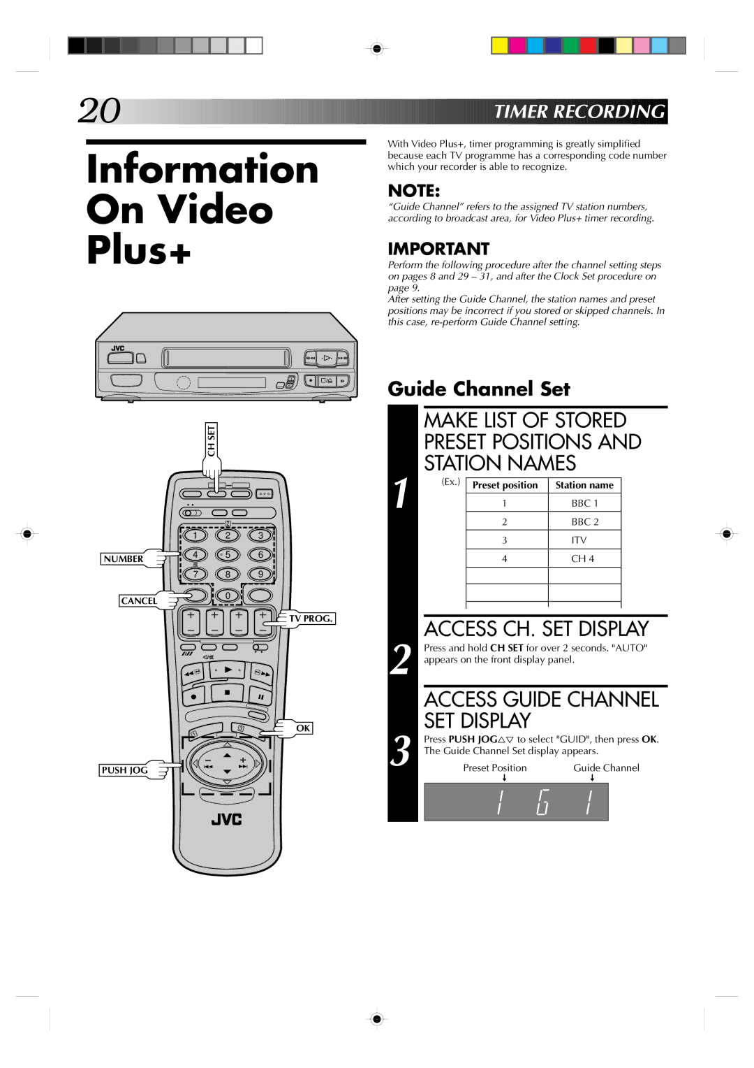 JVC HR-A631EK, HR-A630EK specifications Information On Video Plus+, SET Display, Timer Recording, Guide Channel Set 