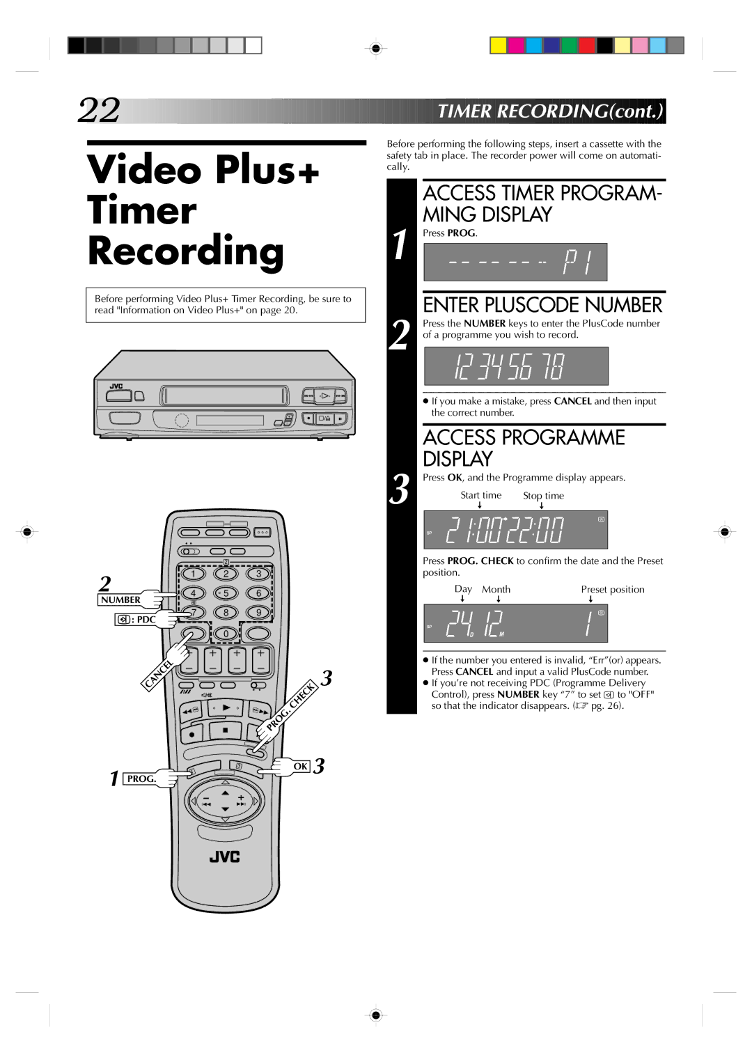 JVC HR-A631EK, HR-A630EK Video Plus+ Timer Recording, Enter Pluscode Number, Access Programme, Timer RECORDINGcont 