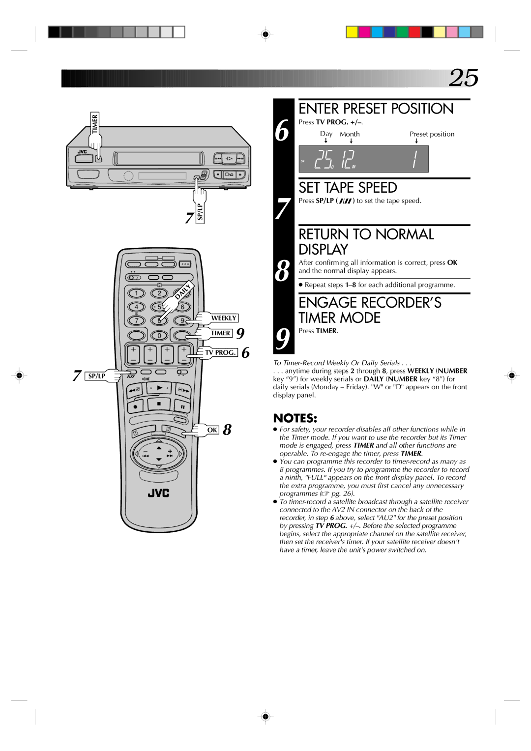 JVC HR-A630EK, HR-A631EK Engage RECORDER’S Timer Mode, Press TV PROG. +, Day Month Preset position, To set the tape speed 