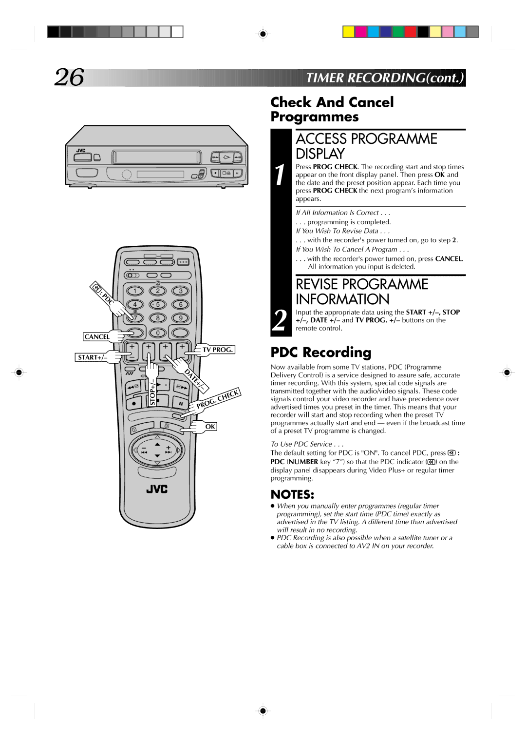 JVC HR-A631EK Revise Programme Information, Check And Cancel Programmes, PDC Recording, Programming is completed 