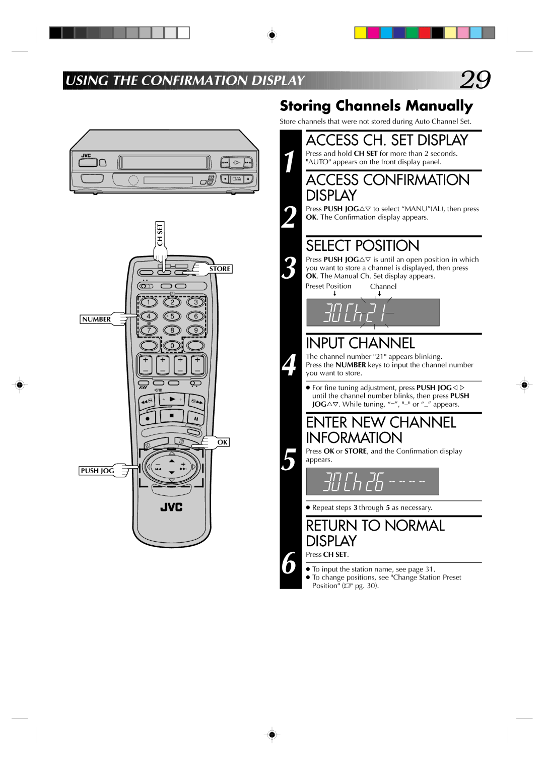 JVC HR-A630EK Select Position, Input Channel, Enter NEW Channel, Using the Confirmation Display, Storing Channels Manually 