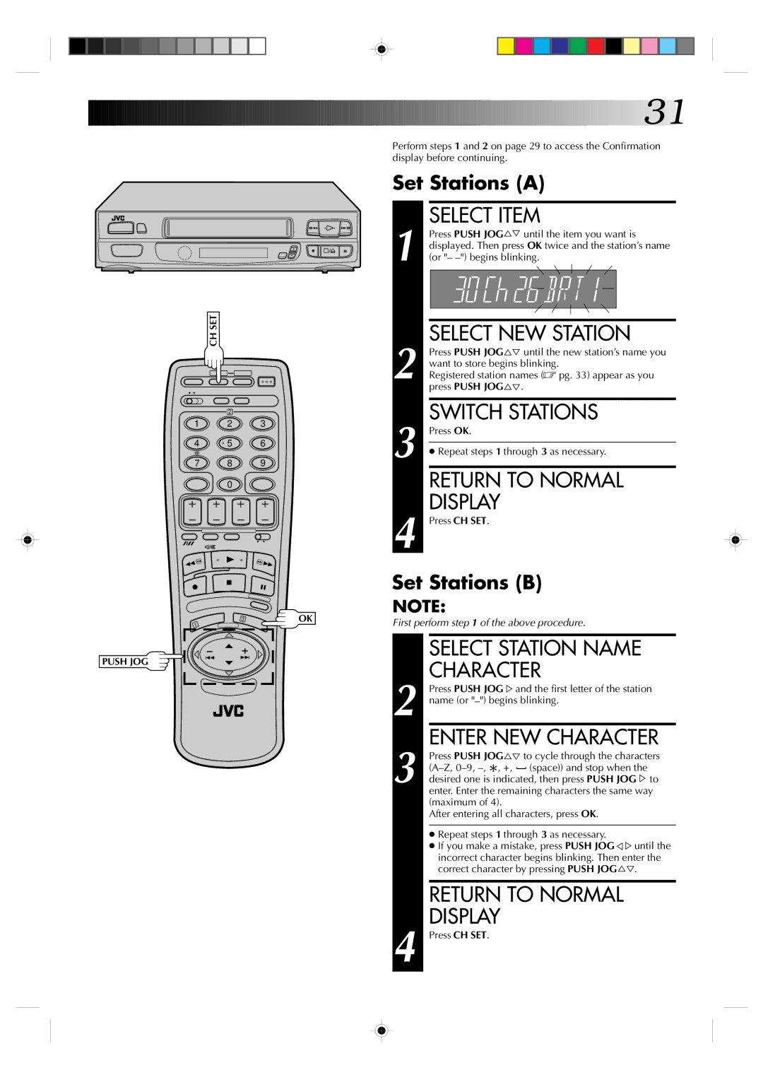 JVC HR-A630EK, HR-A631EK specifications Select NEW Station, Switch Stations, Enter NEW Character, Set Stations a 