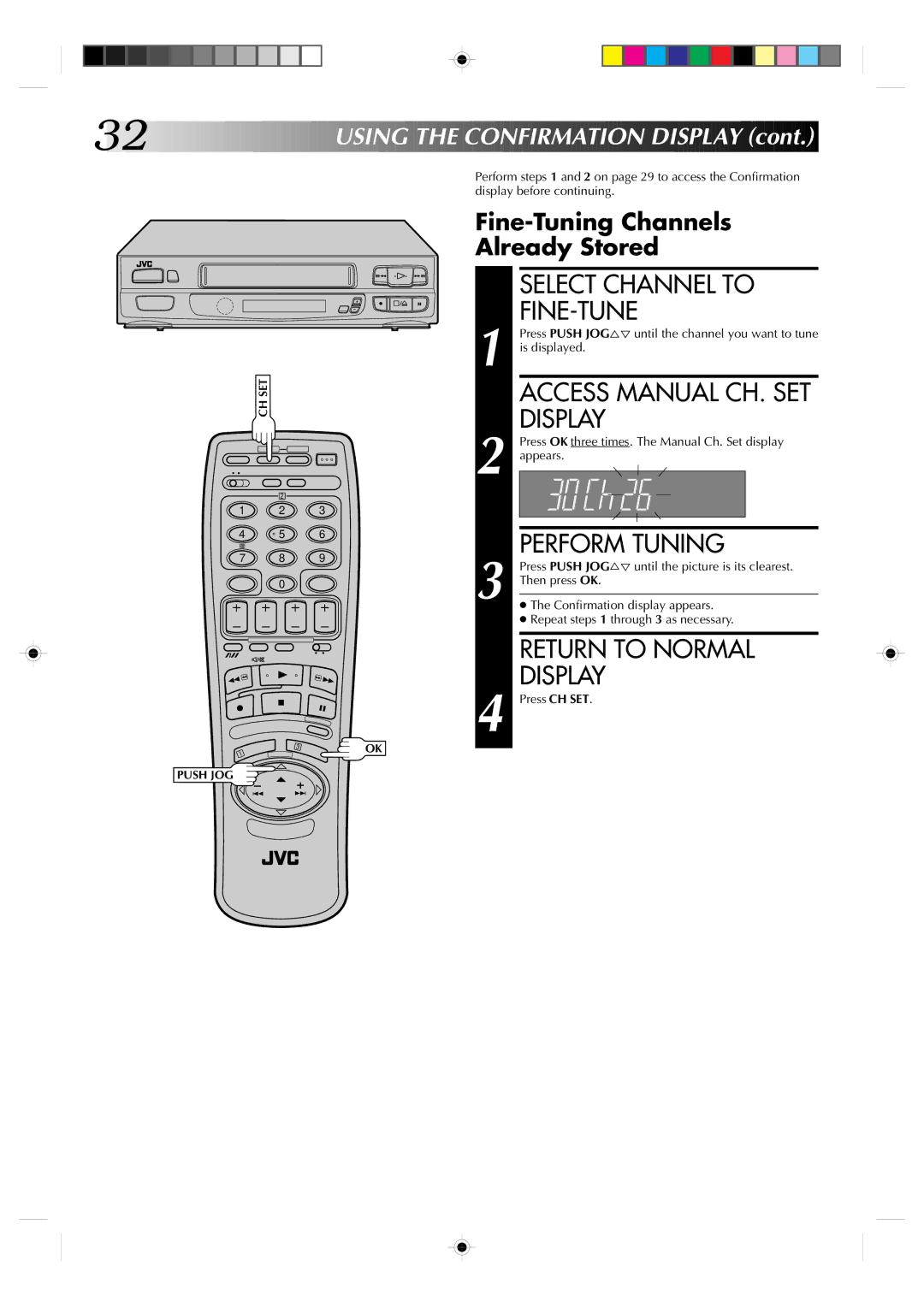 JVC HR-A631EK, HR-A630EK specifications Select Channel to FINE-TUNE, Access Manual CH. SET Display, Perform Tuning 