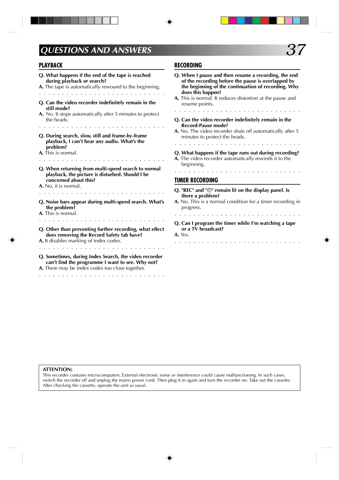 JVC HR-A630EK, HR-A631EK specifications Questions and Answer S, Playback Recording 