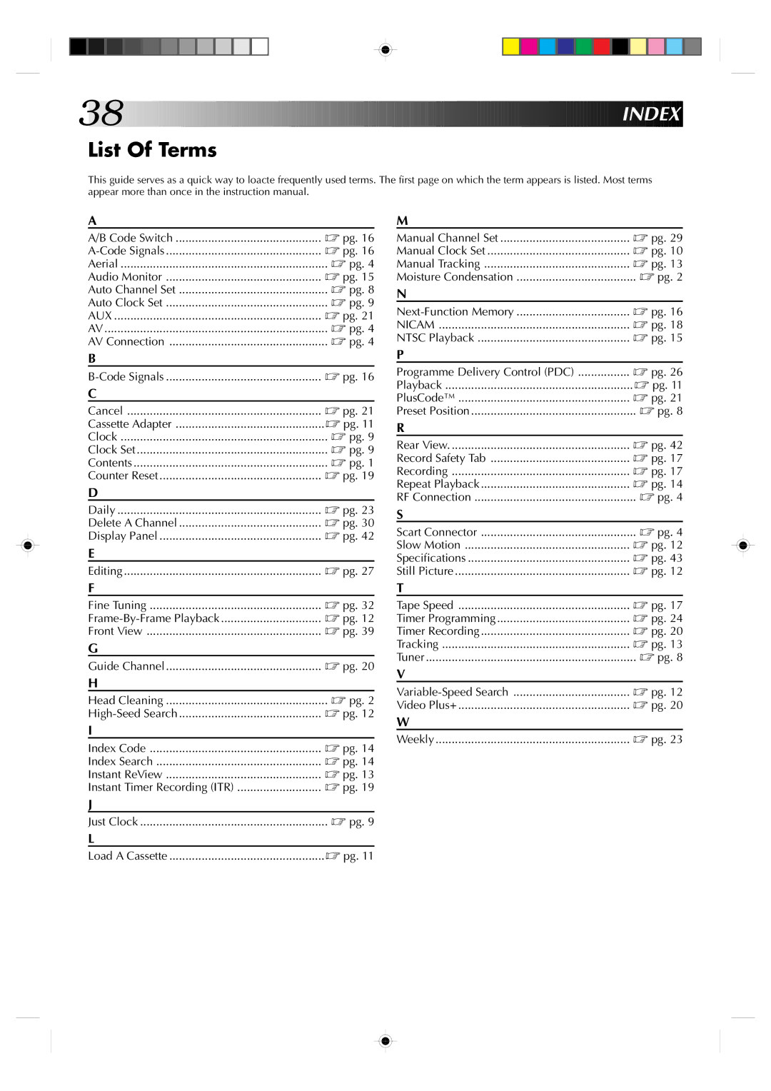 JVC HR-A631EK, HR-A630EK specifications List Of Terms, Index 