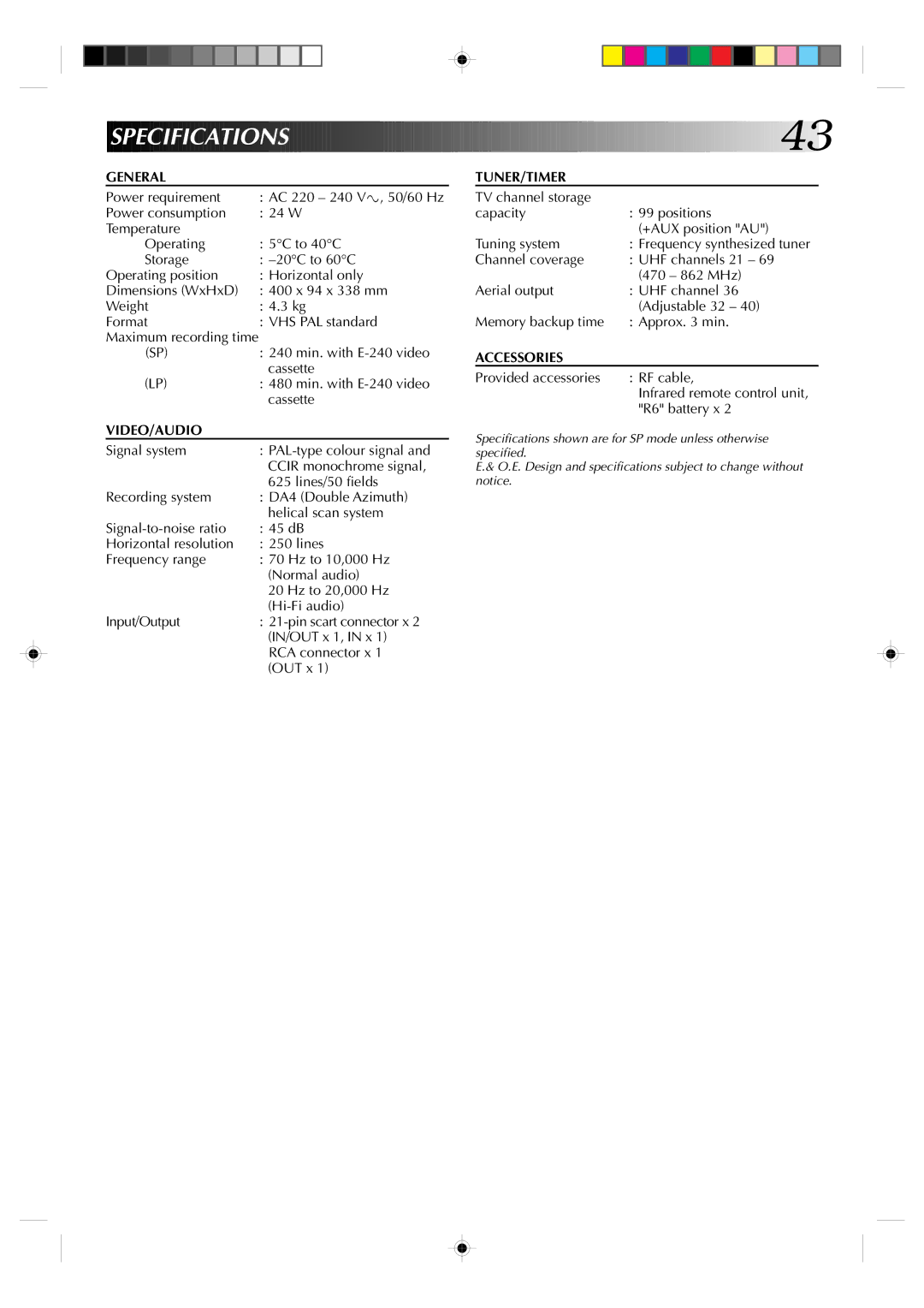 JVC HR-A630EK, HR-A631EK specifications Specifications, Maximum recording time 