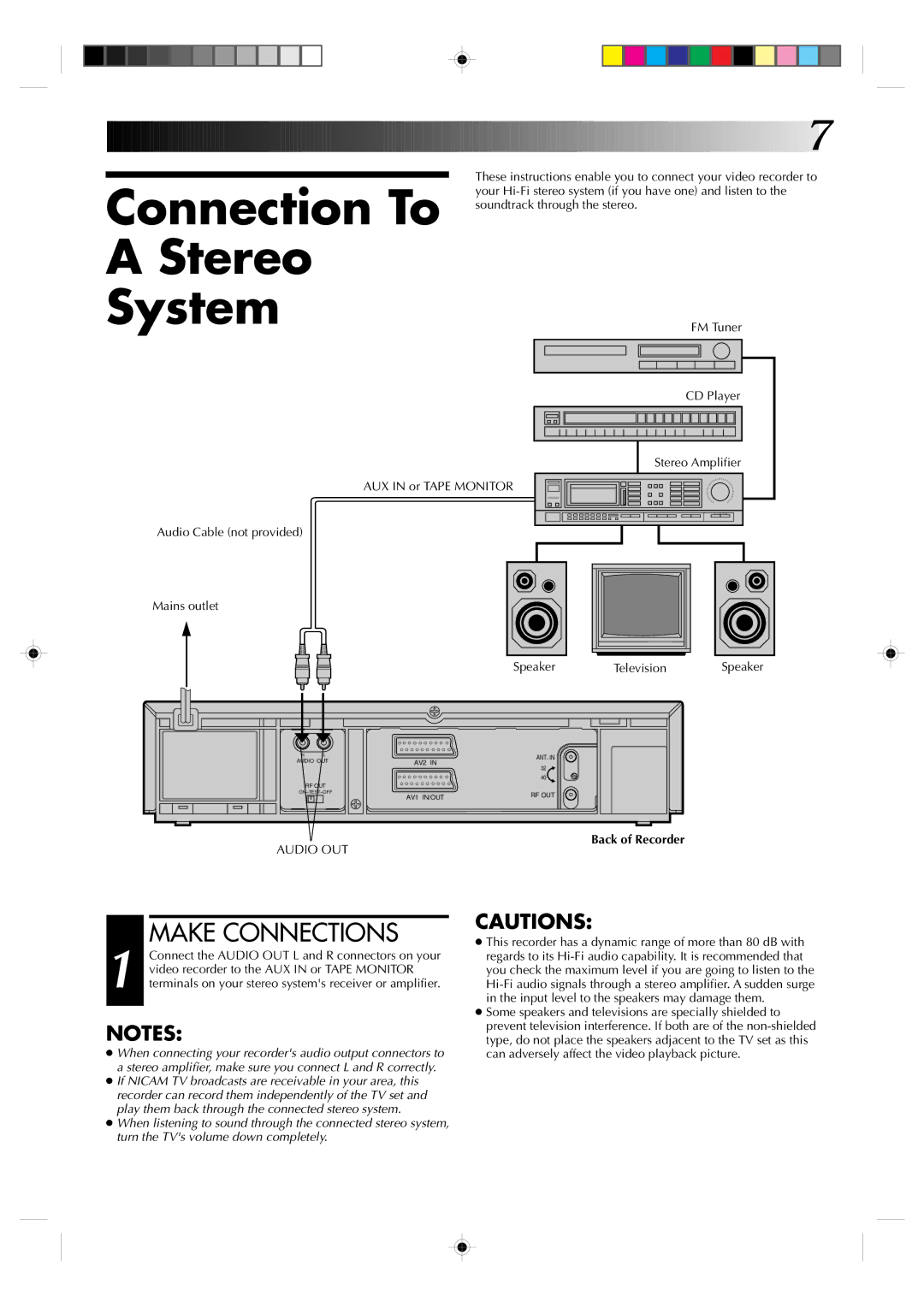 JVC HR-A630EK, HR-A631EK specifications Connection To Stereo System, Make Connections, Speaker Television 