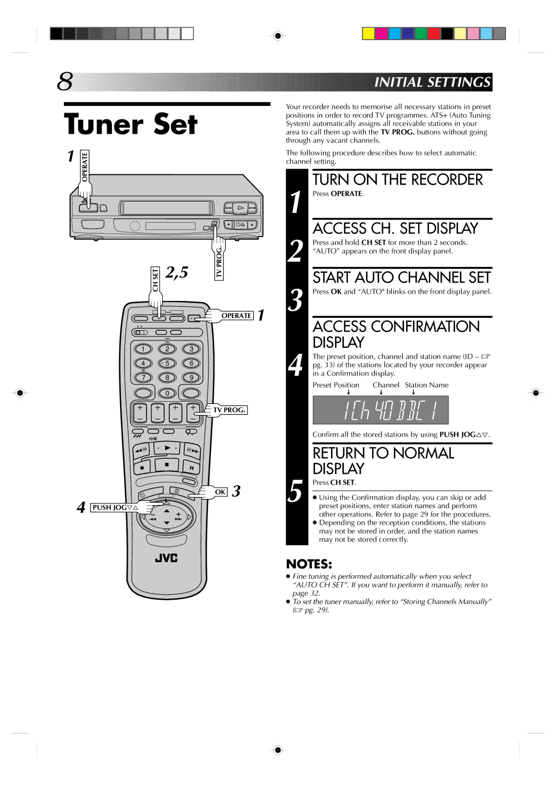 JVC HR-A631EK, HR-A630EK specifications Tuner Set, Access Confirmation, Return to Normal, Nitial Sett Ings 