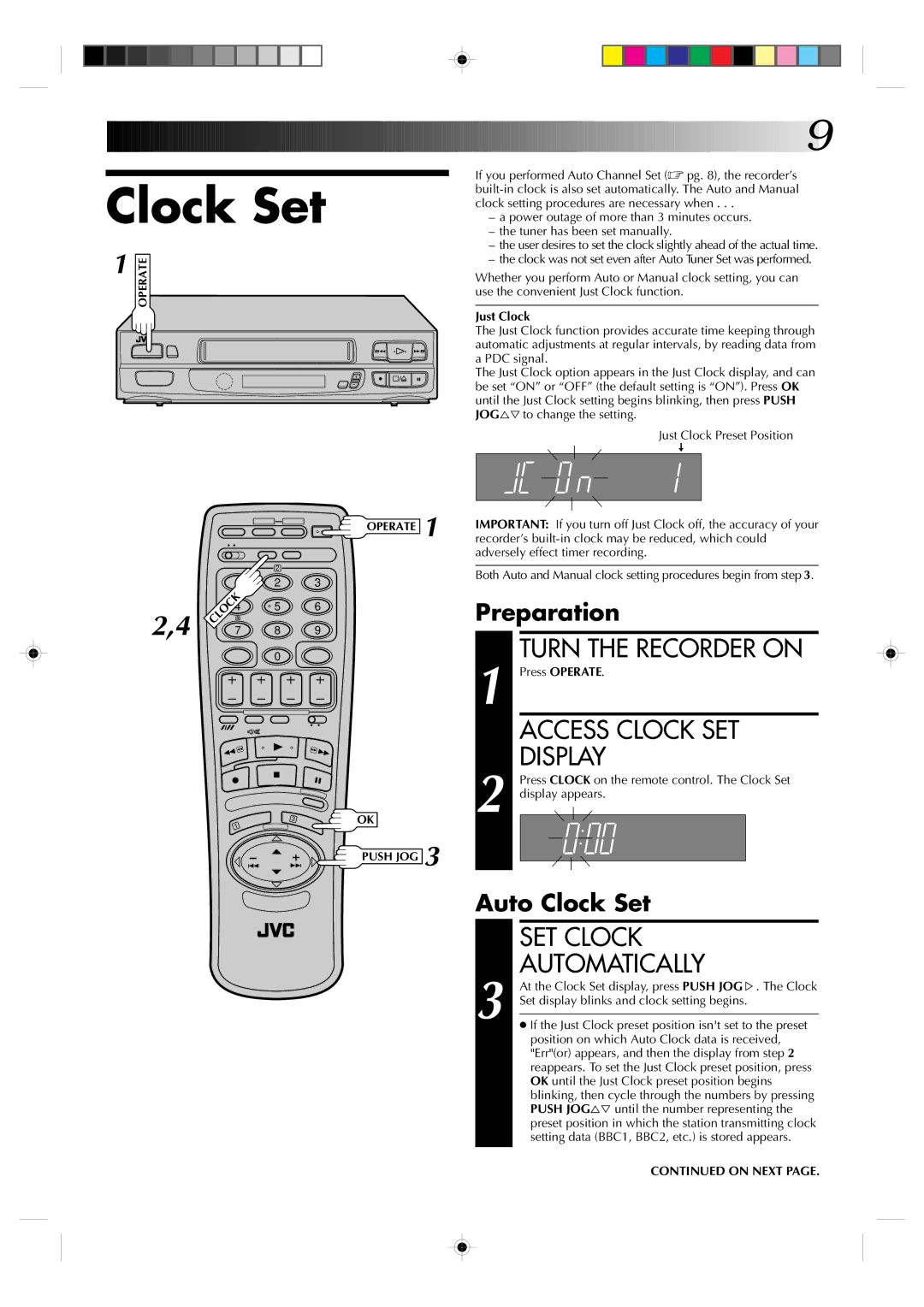 JVC HR-A630EK, HR-A631EK specifications Turn the Recorder on, Access Clock SET Display, SET Clock, Automatically 