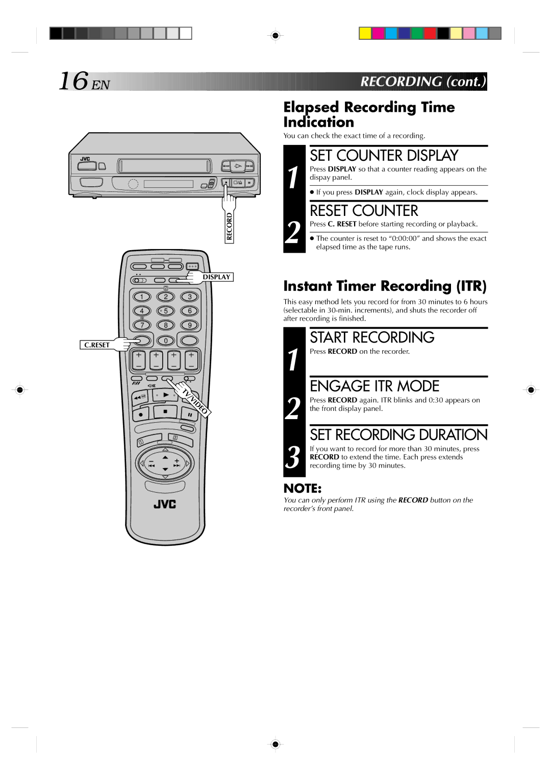 JVC HR-A637EH setup guide SET Counter Display, Reset Counter, Engage ITR Mode, SET Recording Duration 