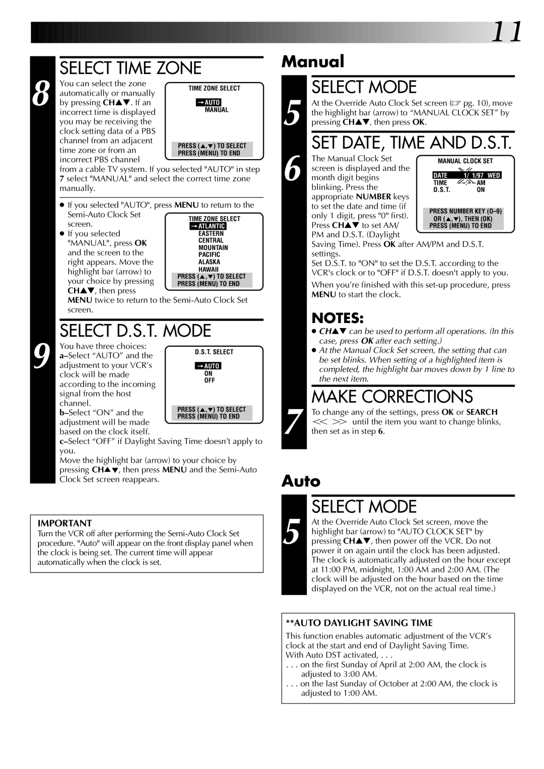 JVC HR-A43U, HR-A63U Select Time Zone, Select D.S.T. Mode, Select Mode, SET DATE, Time and D.S.T, Make Corrections 