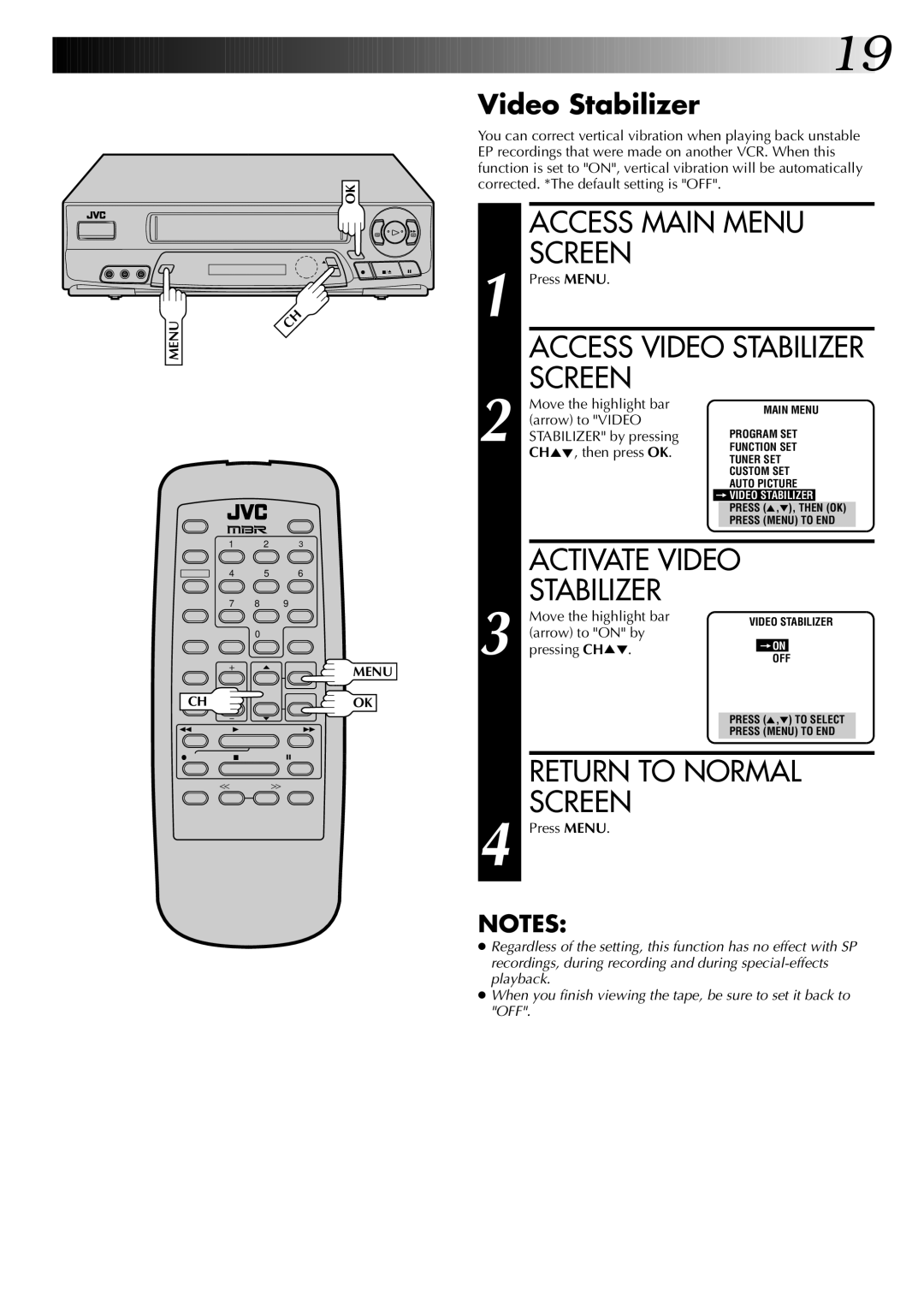 JVC HR-A43U, HR-A63U, HR-A63U (Hi-Fi) instruction manual Video Stabilizer 