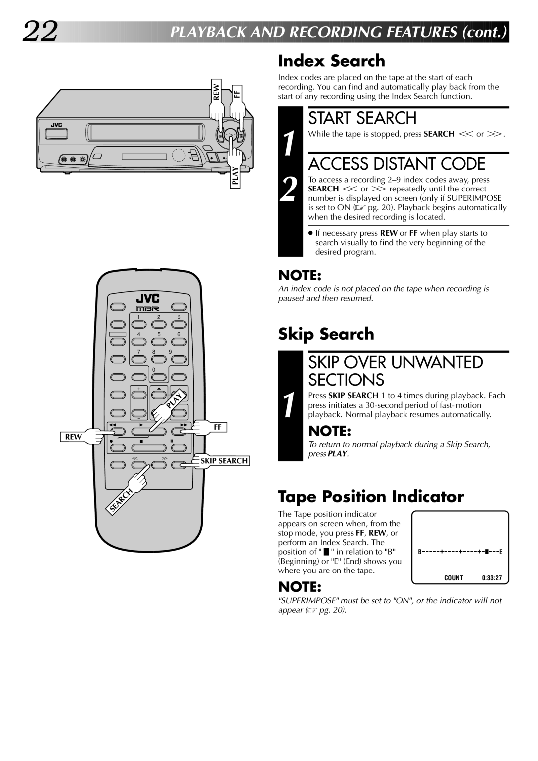 JVC HR-A63U (Hi-Fi), HR-A43U, HR-A63U instruction manual Start Search, Access Distant Code, Skip Over Unwanted Sections 