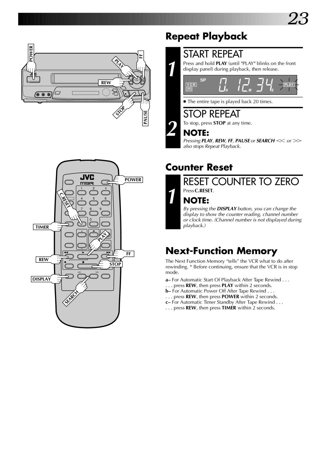 JVC HR-A43U, HR-A63U, HR-A63U (Hi-Fi) instruction manual Repeat Playback, Counter Reset, Next-Function Memory 