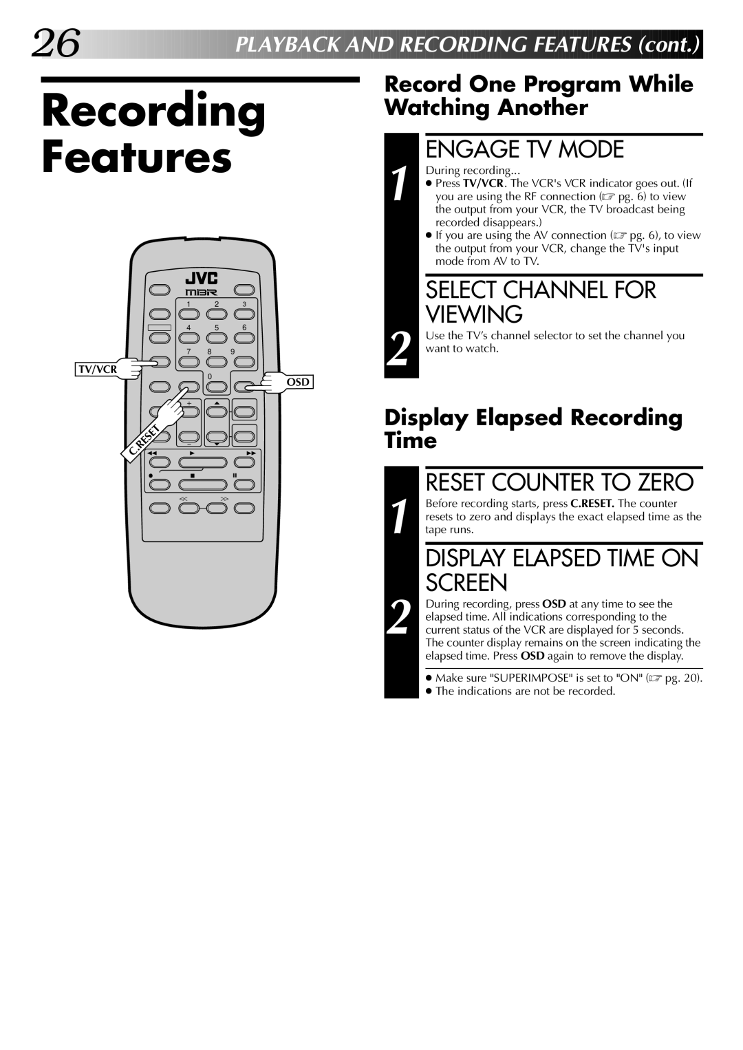 JVC HR-A63U (Hi-Fi) Recording Features, Engage TV Mode, Select Channel for Viewing, Reset Counter to Zero 