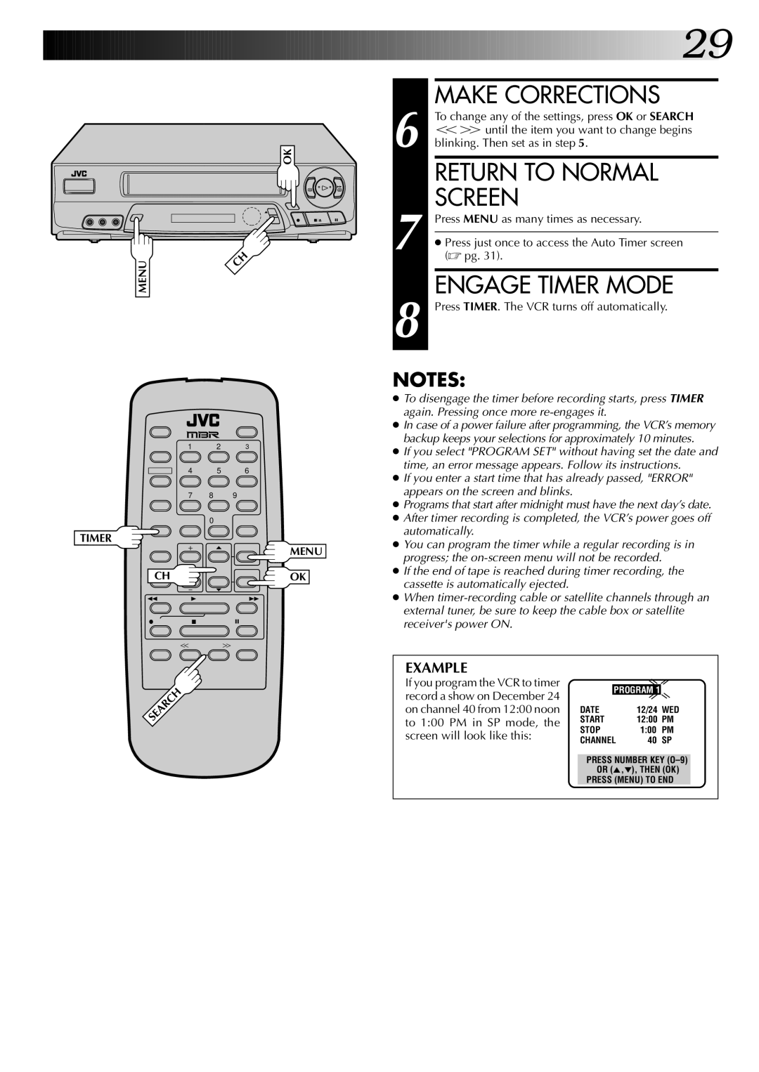 JVC HR-A43U, HR-A63U, HR-A63U (Hi-Fi) instruction manual Engage Timer Mode 