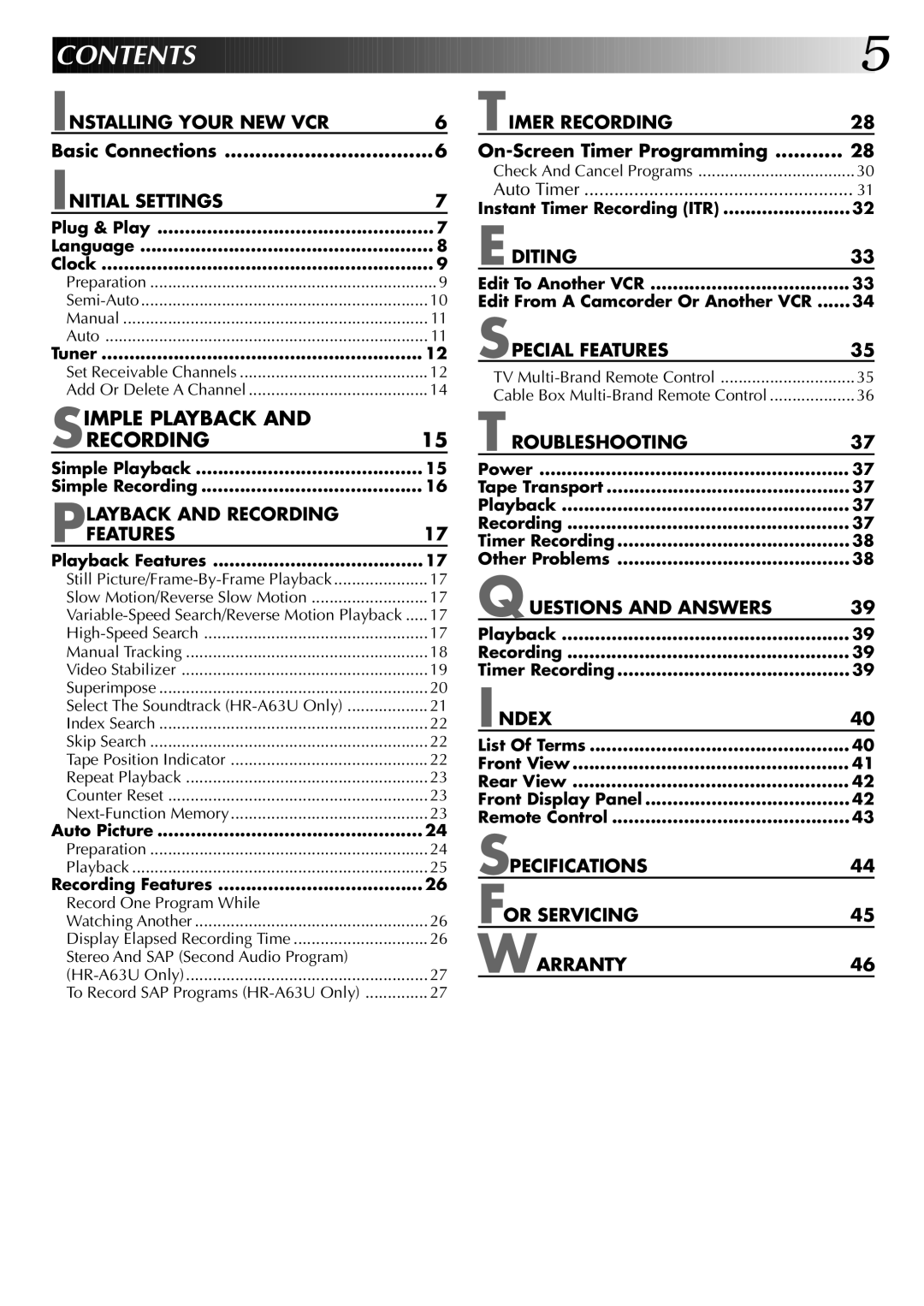 JVC HR-A43U, HR-A63U, HR-A63U (Hi-Fi) instruction manual Contents 