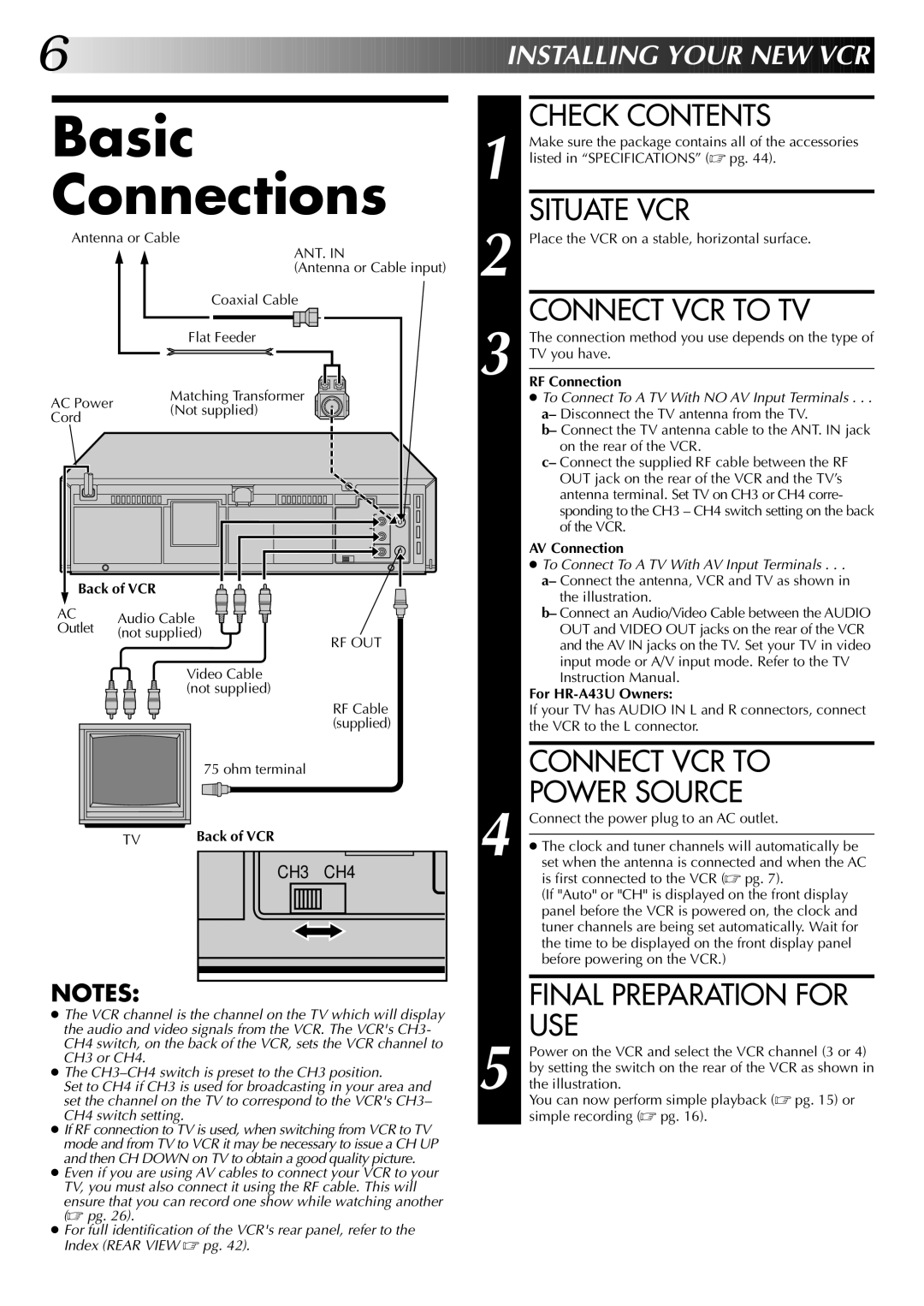 JVC HR-A63U (Hi-Fi), HR-A43U, HR-A63U instruction manual Basic Connections 