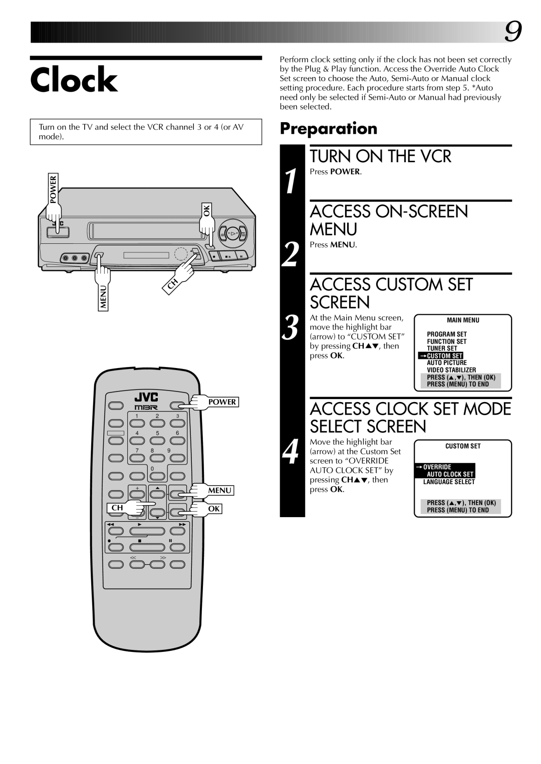 JVC HR-A43U, HR-A63U, HR-A63U (Hi-Fi) instruction manual Clock, Preparation 