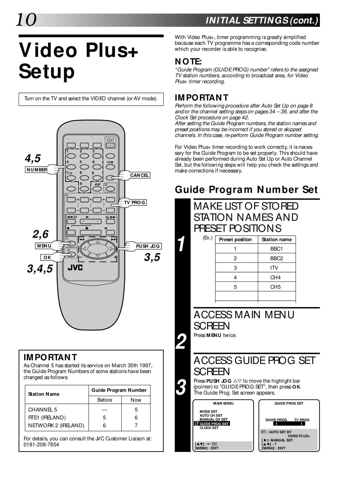 JVC HR-DD445EK setup guide Video Plus+ Setup, Make List of Stored Station Names Preset Positions, Access Main Menu, Screen 