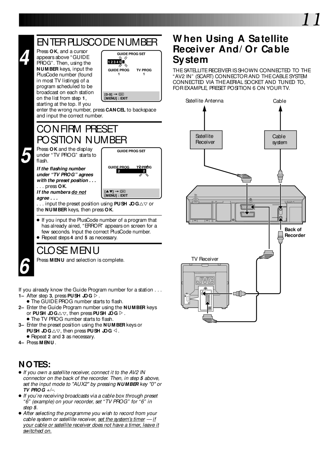 JVC HR-DD445EK Confirm Preset Position Number, Close Menu, When Using a Satellite Receiver And/Or Cable System, Back 