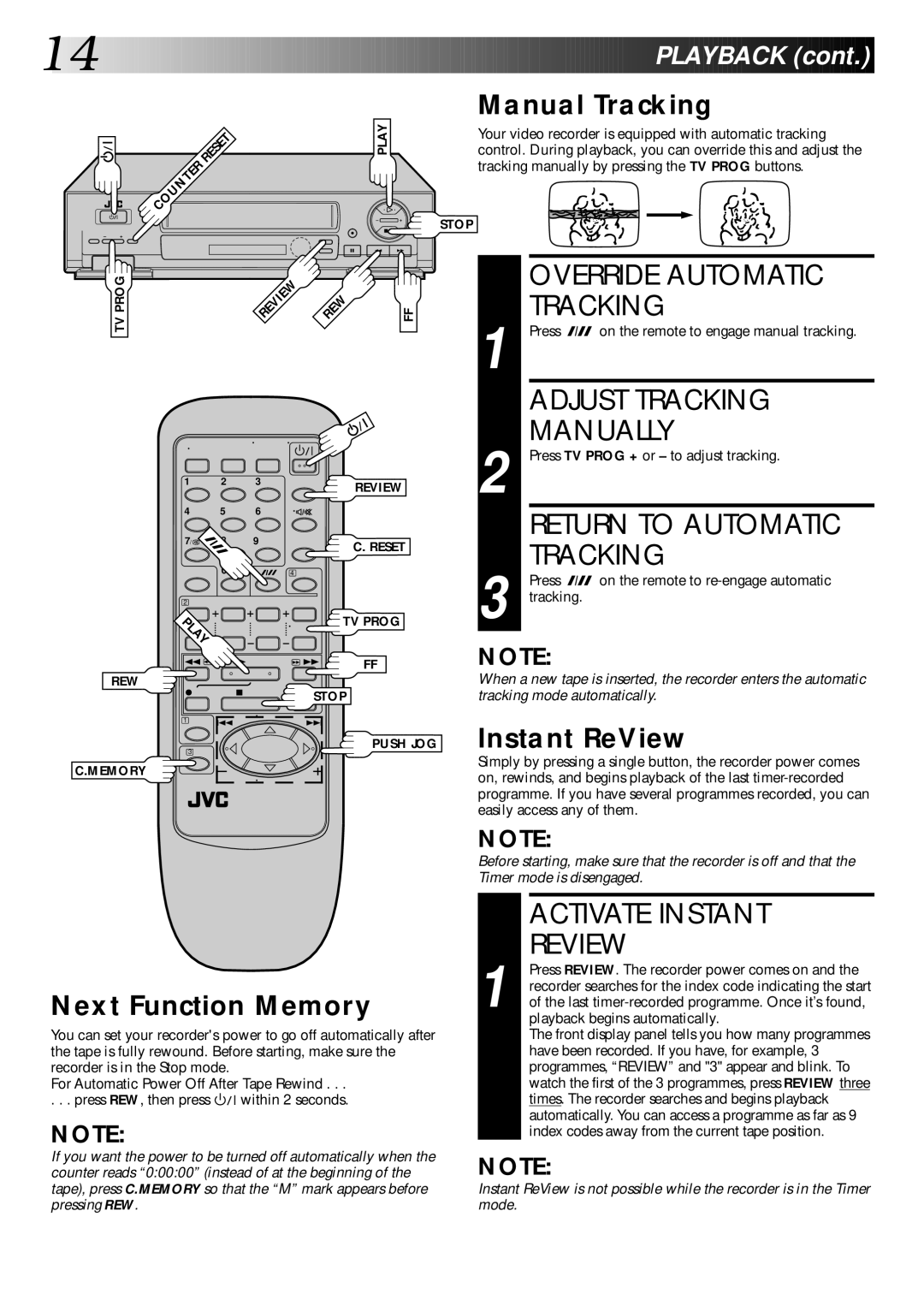 JVC HR-DD445EK setup guide Override Automatic Tracking, Adjust Tracking Manually, Return to Automatic Tracking 