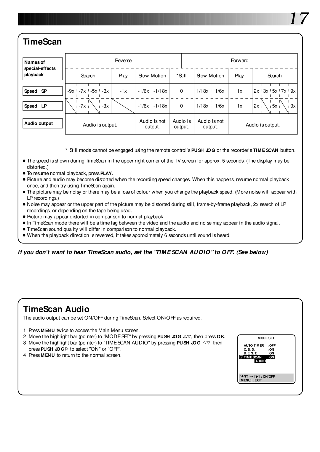 JVC HR-DD445EK setup guide TimeScan Audio, Speed SP Speed LP Audio output 