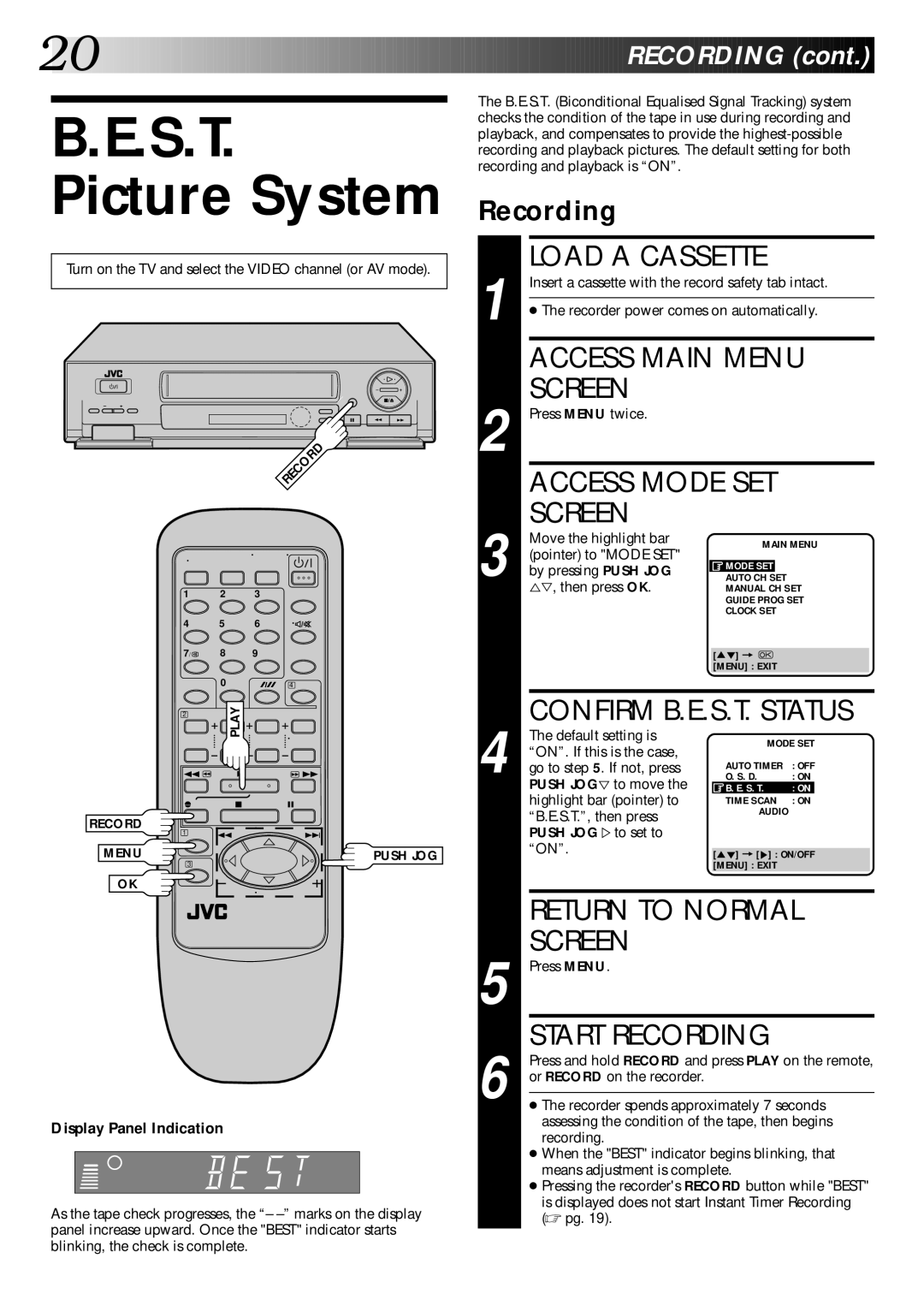 JVC HR-DD445EK setup guide S.T. Picture System, Return to Normal, Recording 