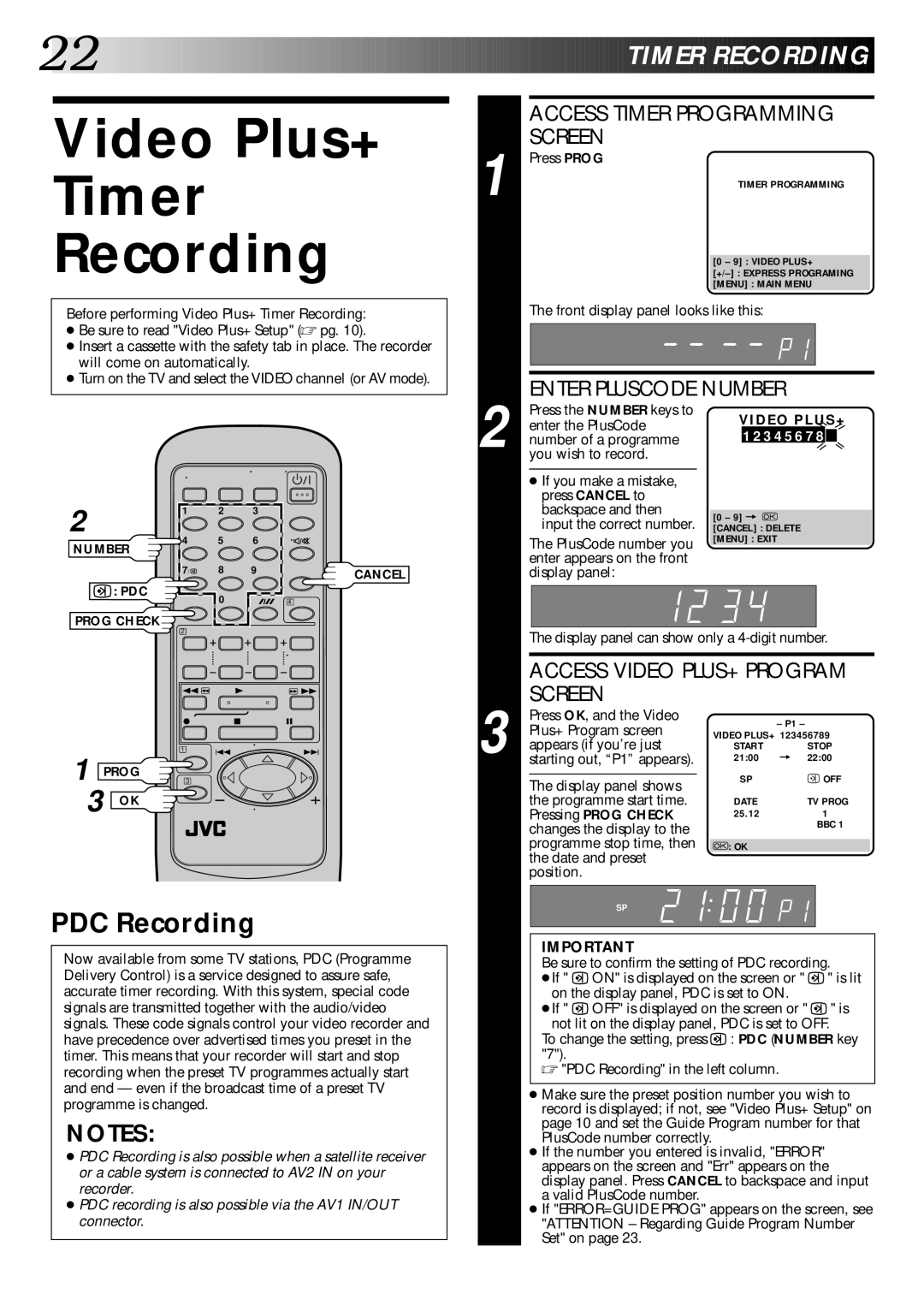 JVC HR-DD445EK setup guide Video Plus+ Timer Recording, PDC Recording 