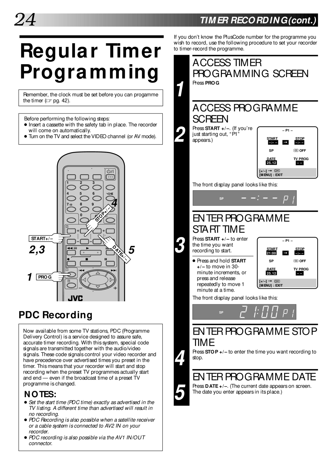 JVC HR-DD445EK setup guide Regular Timer Programming, Start Time 