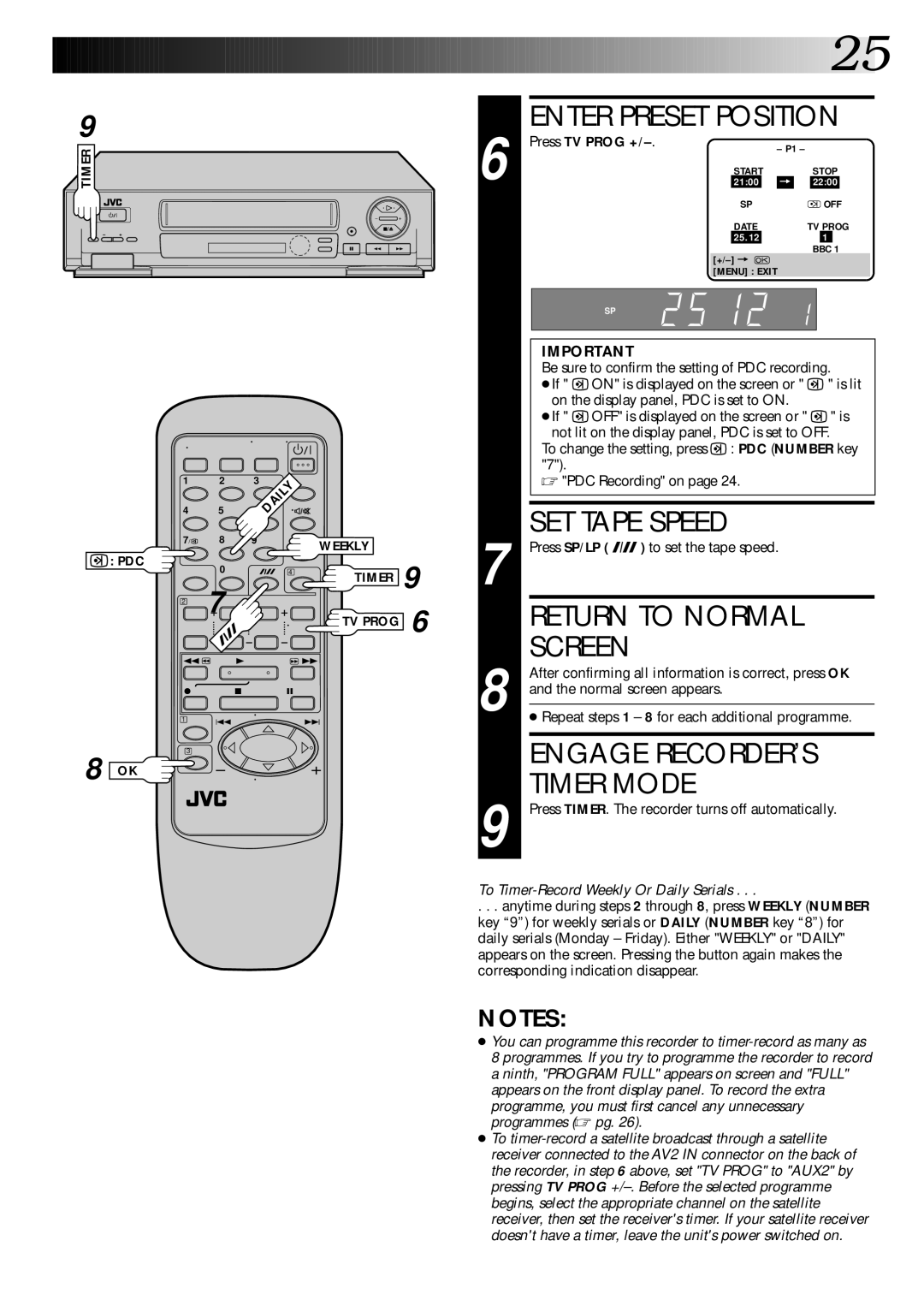 JVC HR-DD445EK setup guide Engage RECORDER’S, Timer Mode, Press TV Prog + 