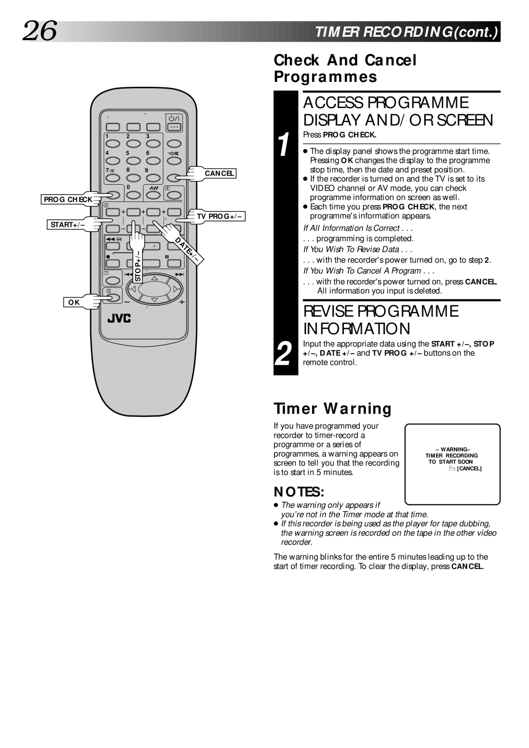 JVC HR-DD445EK setup guide Check And Cancel Programmes, Timer Warning, Revise Programme Information, Press Prog Check 