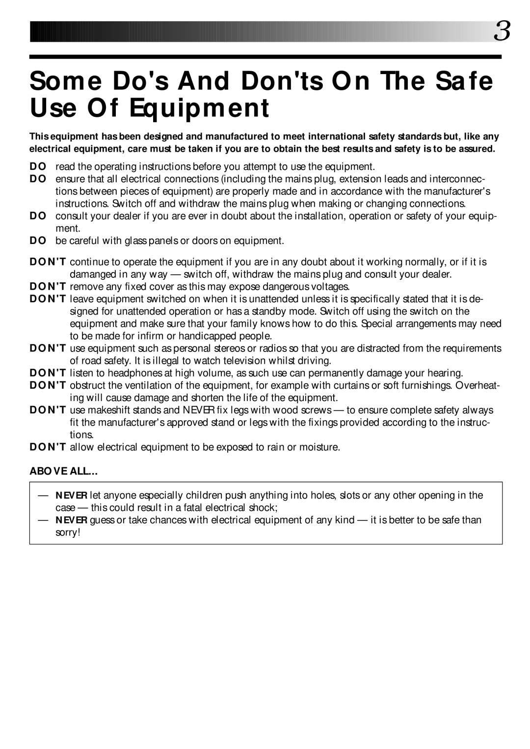 JVC HR-DD445EK setup guide Some Dos And Donts On The Safe Use Of Equipment 