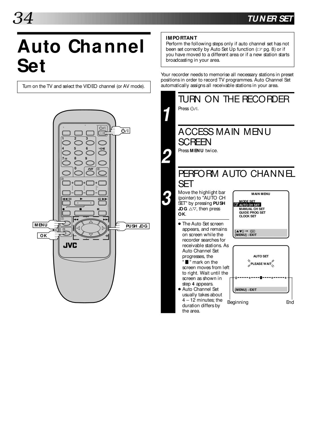 JVC HR-DD445EK setup guide Auto Channel Set, Perform Auto Channel SET 