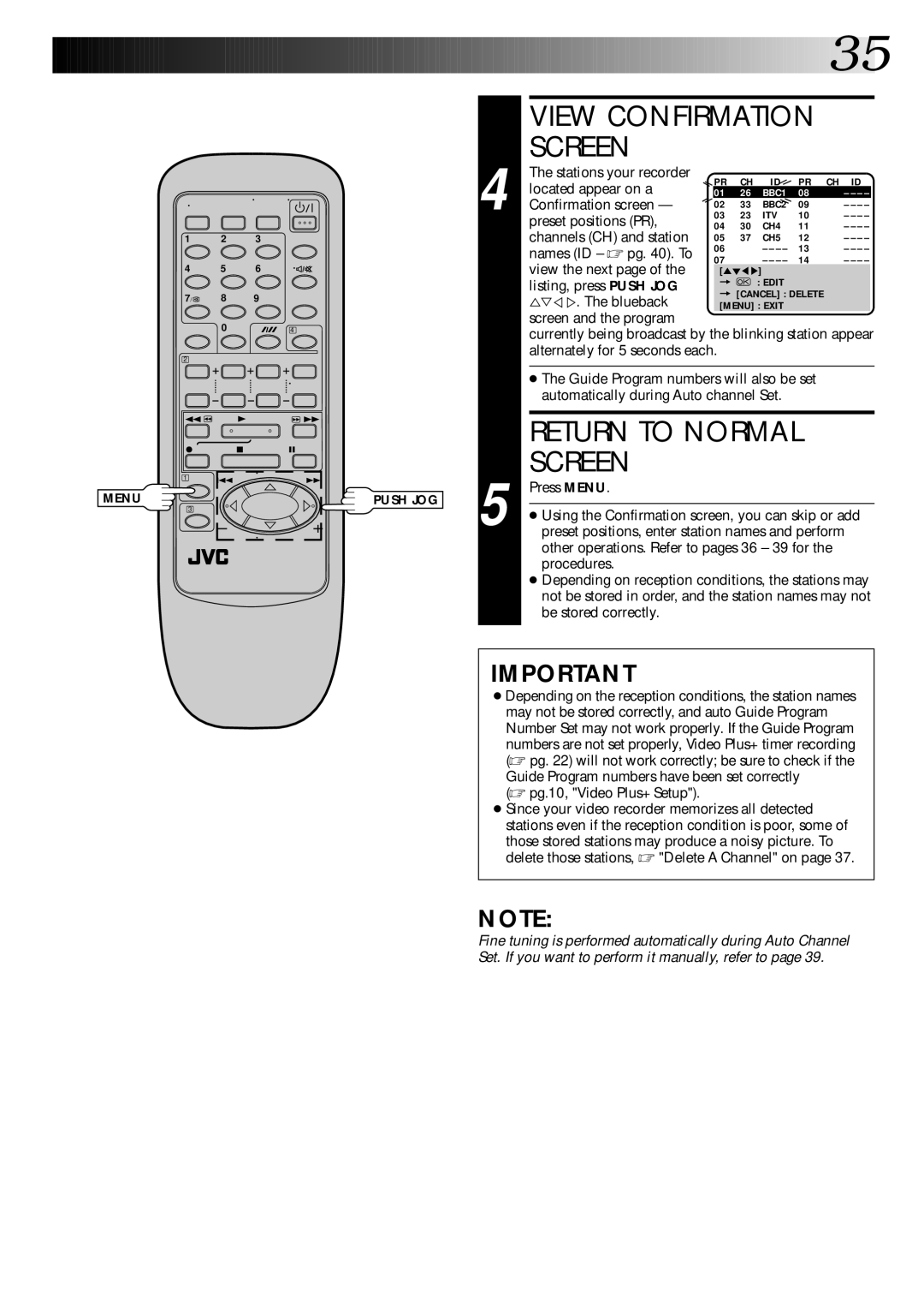 JVC HR-DD445EK Stations your recorder, Located appear on a, Confirmation screen, Preset positions PR, The blueback 