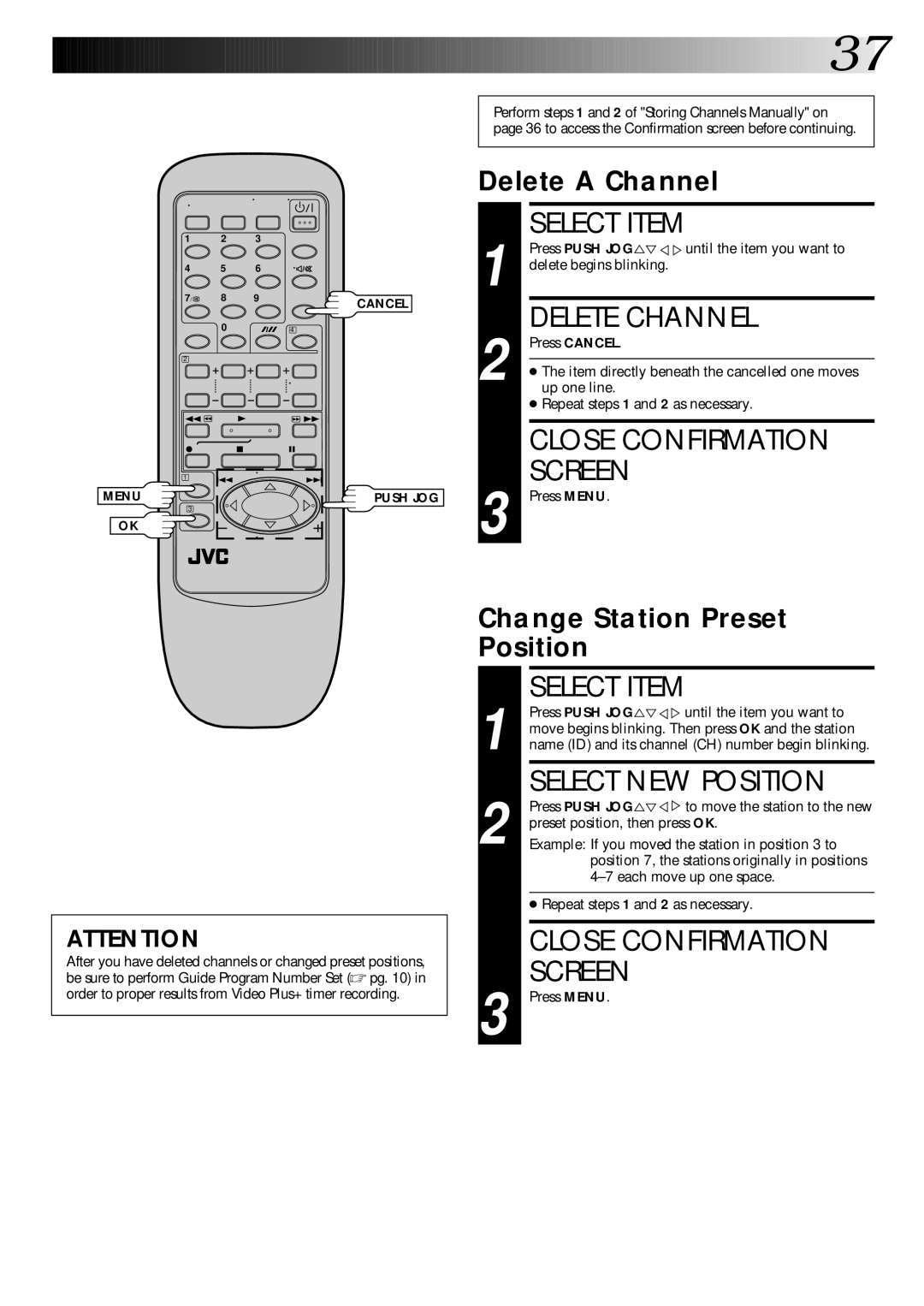 JVC HR-DD445EK Select Item, Delete Channel, Select NEW Position, Delete a Channel, Change Station Preset Position 