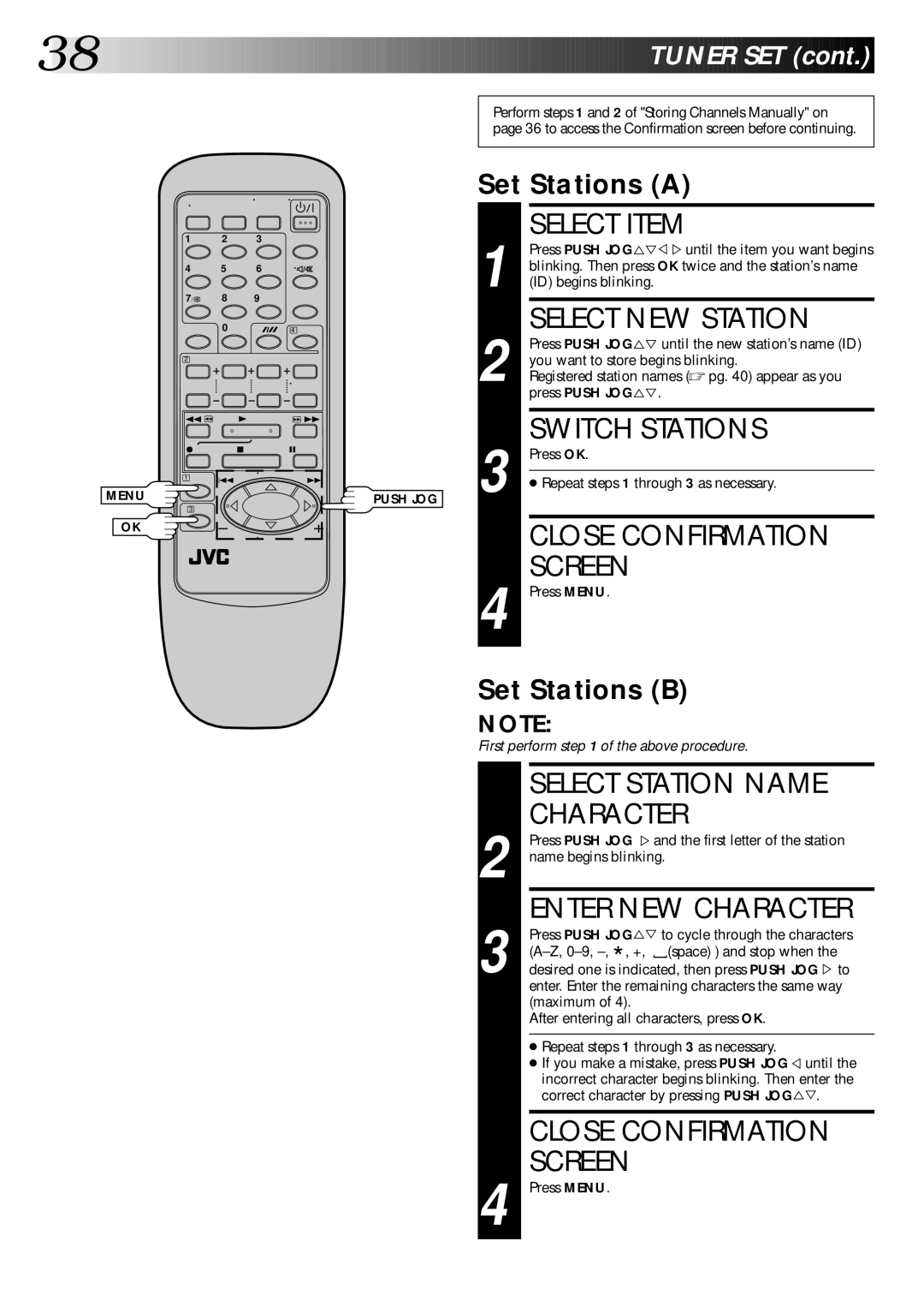 JVC HR-DD445EK setup guide Select NEW Station, Switch Stations, Select Station Name Character, Enter NEW Character 