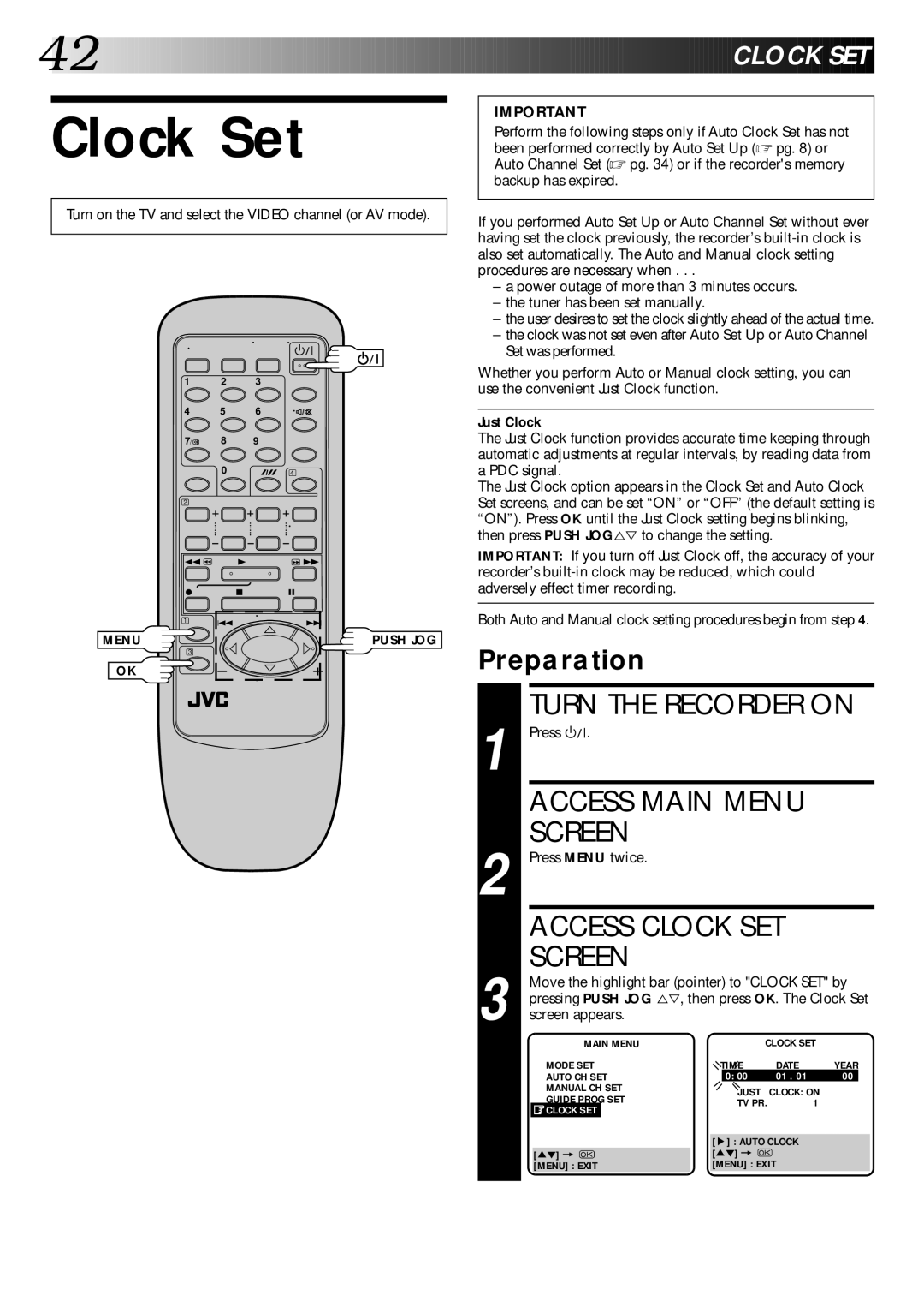 JVC HR-DD445EK setup guide Clock Set, Turn the Recorder on, Preparation 