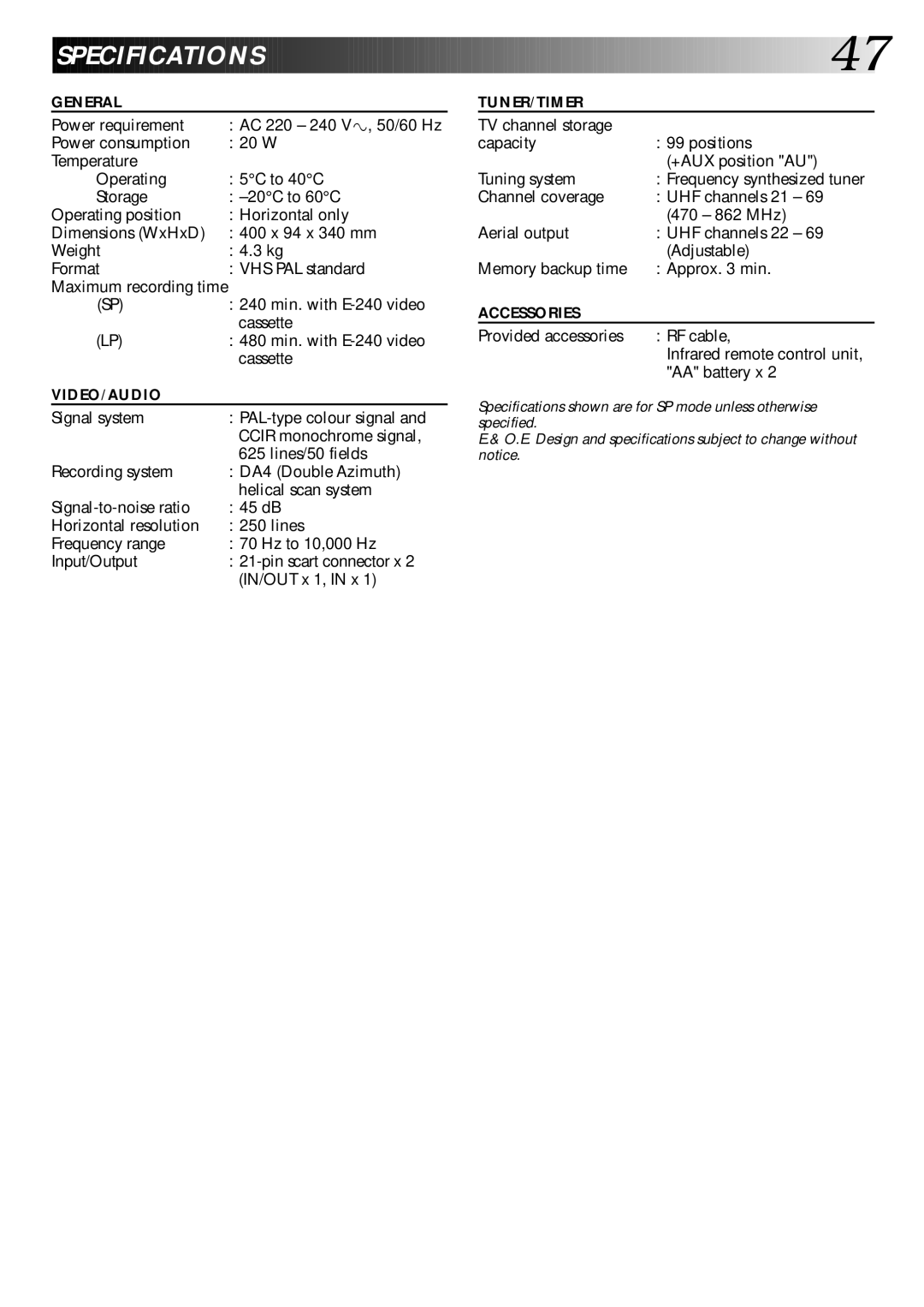 JVC HR-DD445EK setup guide Specifications, Maximum recording time 