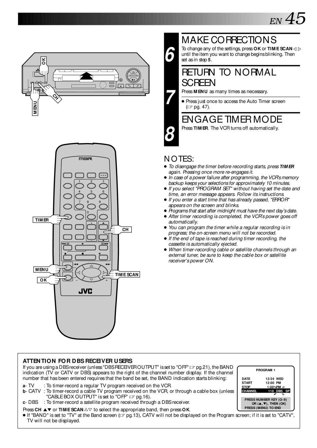 JVC HR-DD740U manual To timer-record a regular TV program received on the VCR, Catv, Cable BOX Output is set to OFF pg.16 