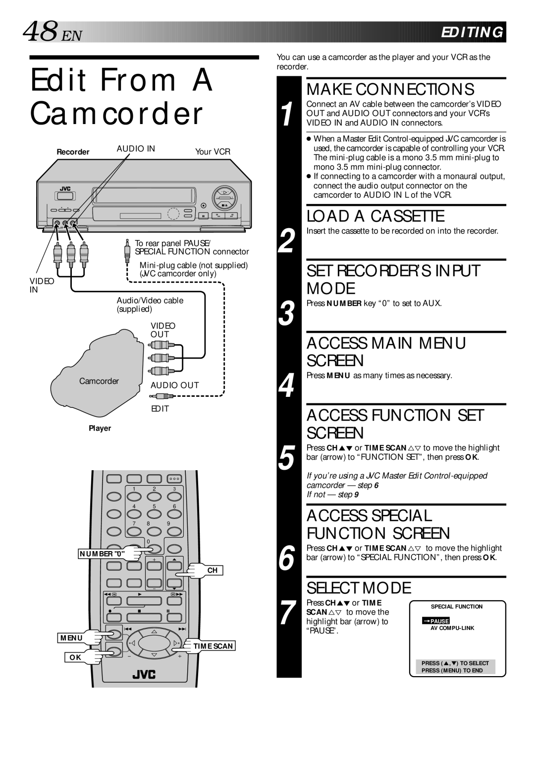 JVC HR-DD740U manual Edit From a Camcorder, Make Connections, SET RECORDER’S Input, Mode, Editing 