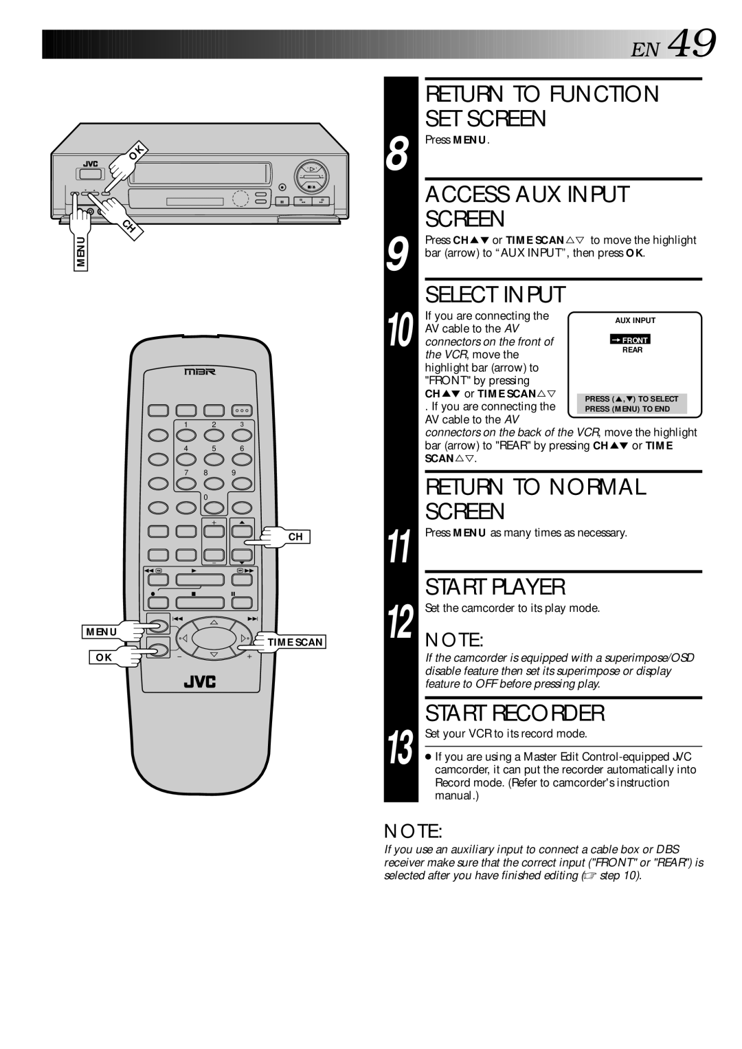 JVC HR-DD740U manual Return to Function, SET Screen, Access AUX Input, Start Recorder 