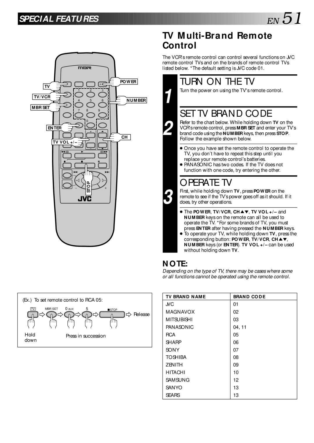 JVC HR-DD740U manual Turn on the TV, SET TV Brand Code, Operate TV, Special Features, TV Multi-Brand Remote Control 