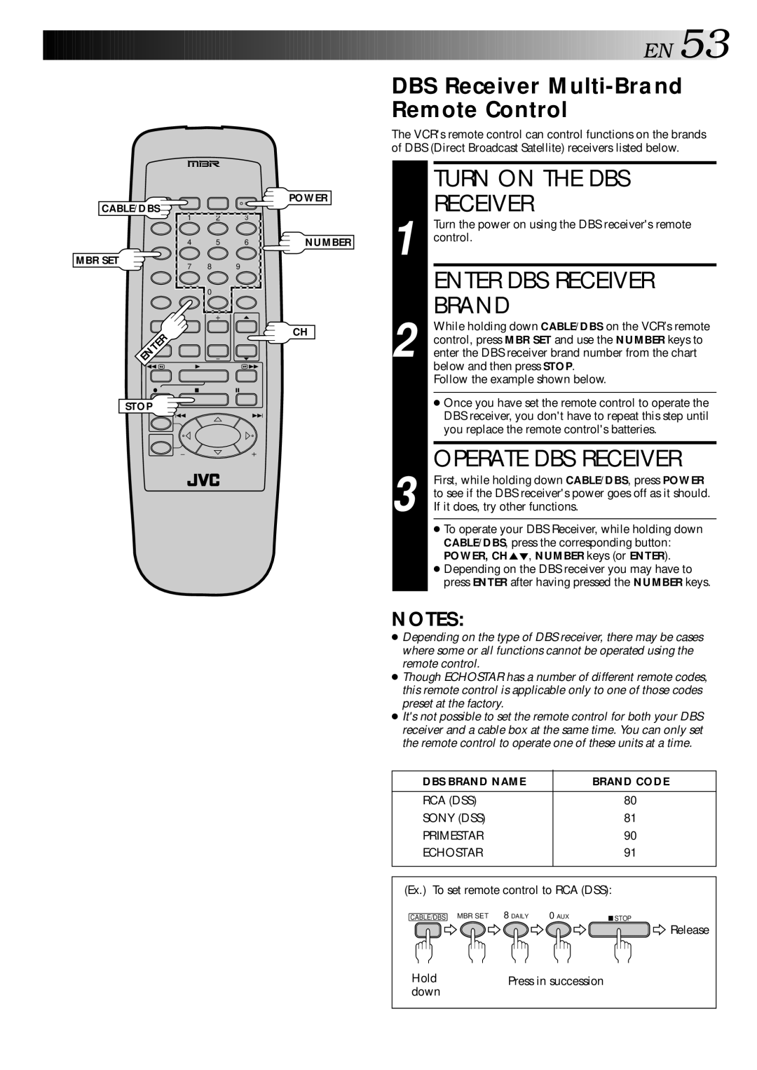 JVC HR-DD740U manual Turn on the DBS, Enter DBS Receiver, DBS Receiver Multi-Brand Remote Control 