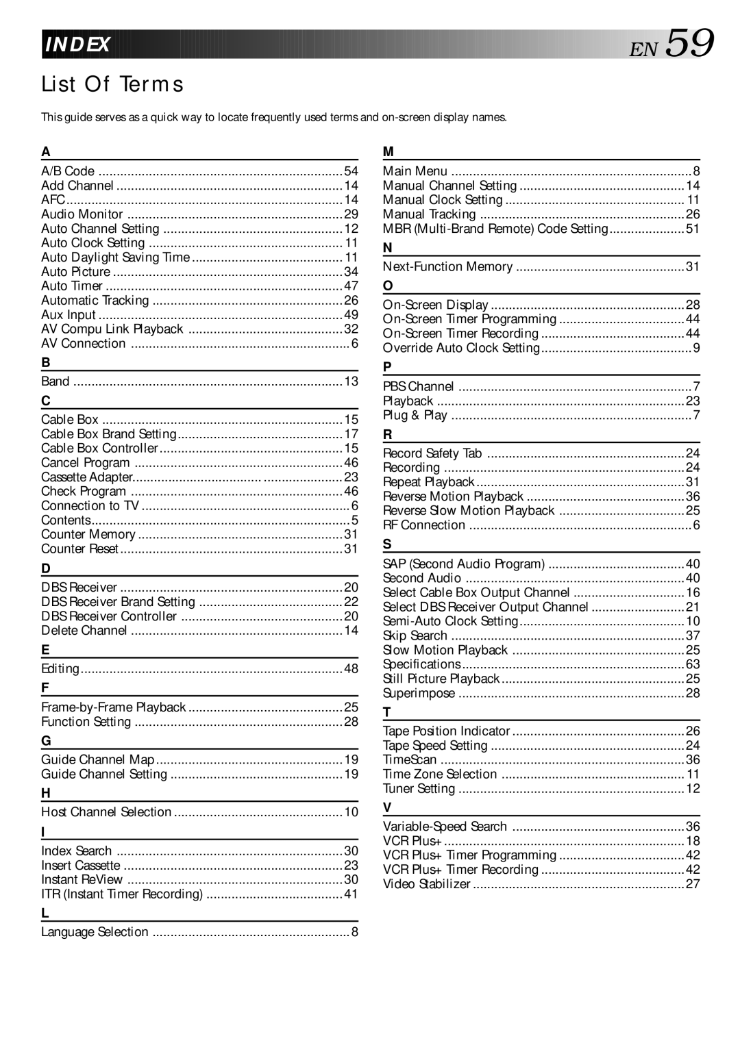 JVC HR-DD740U manual Index, List Of Terms, MBR Multi-Brand Remote Code Setting, Select DBS Receiver Output Channel 