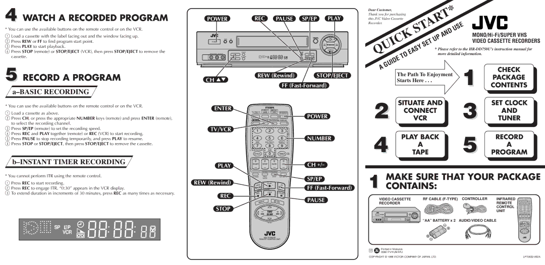 JVC HR-DD750U quick start Watch a Recorded Program, Record a Program, Make Sure That Your Package Contains 